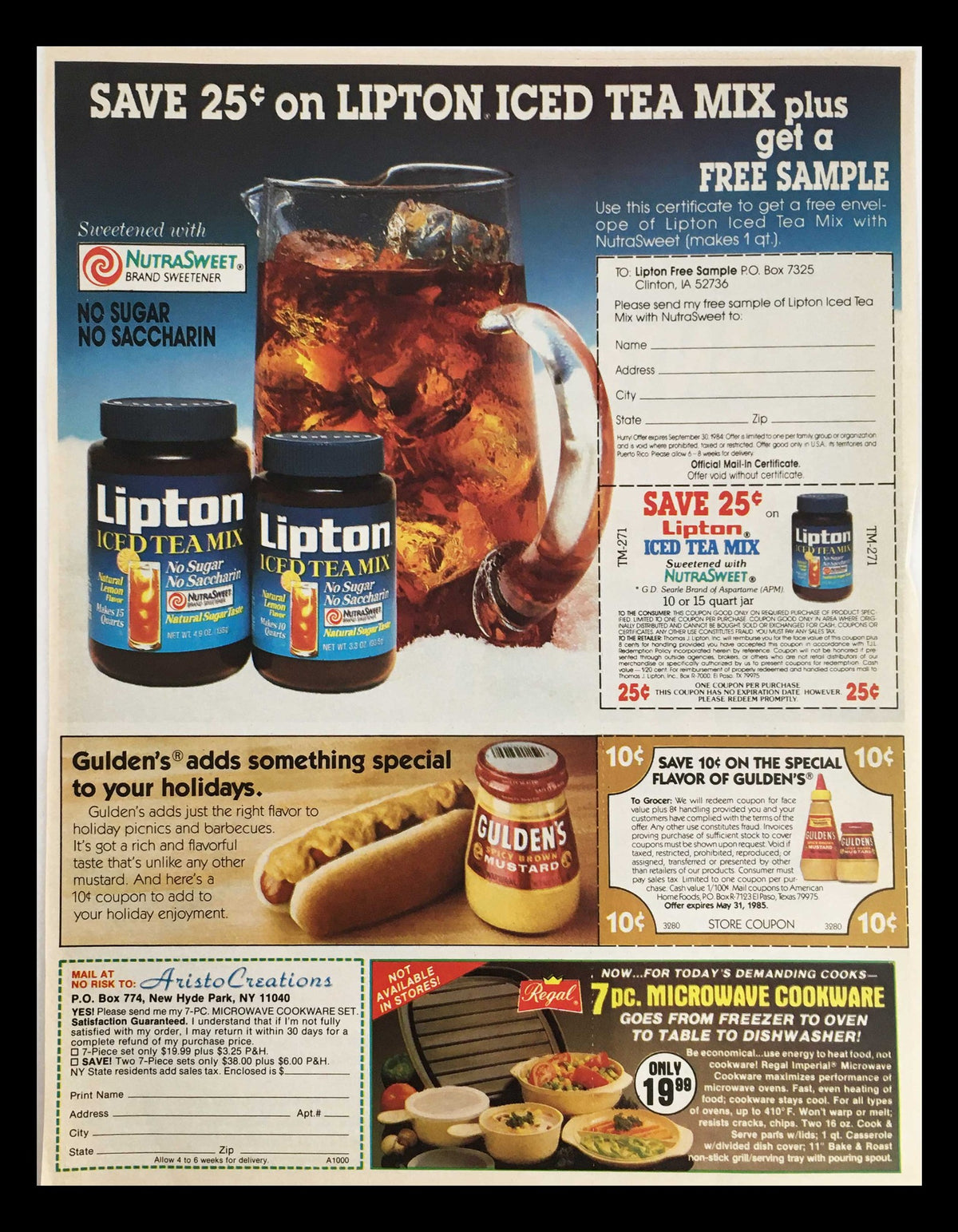 1984 Planters King Size Corn Chips Circular Coupon Advertisement including a coupon for $0.25 off Lipton Iced Tea Mix with a free sample, showcasing various food items.