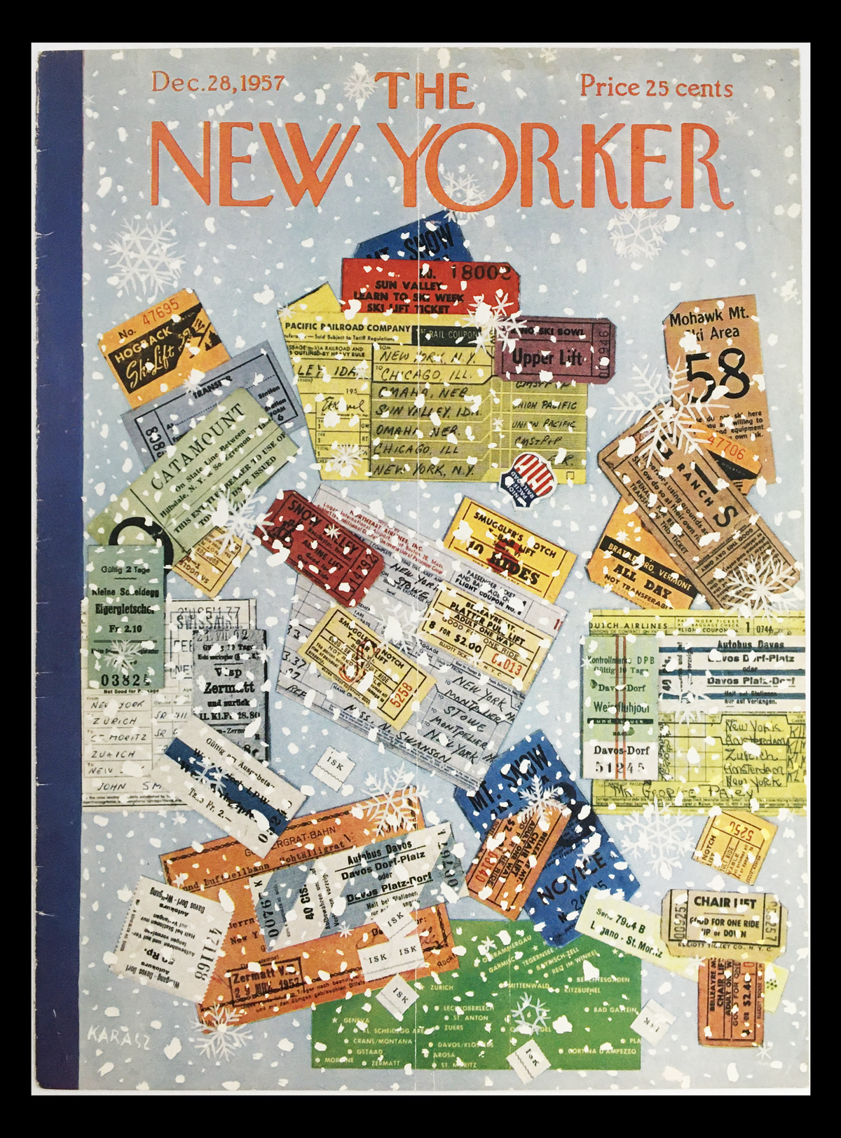 Cover only of The New Yorker December 28 1957 featuring colorful vintage ticket designs and snowflakes, by artist Ilonka Karasz.