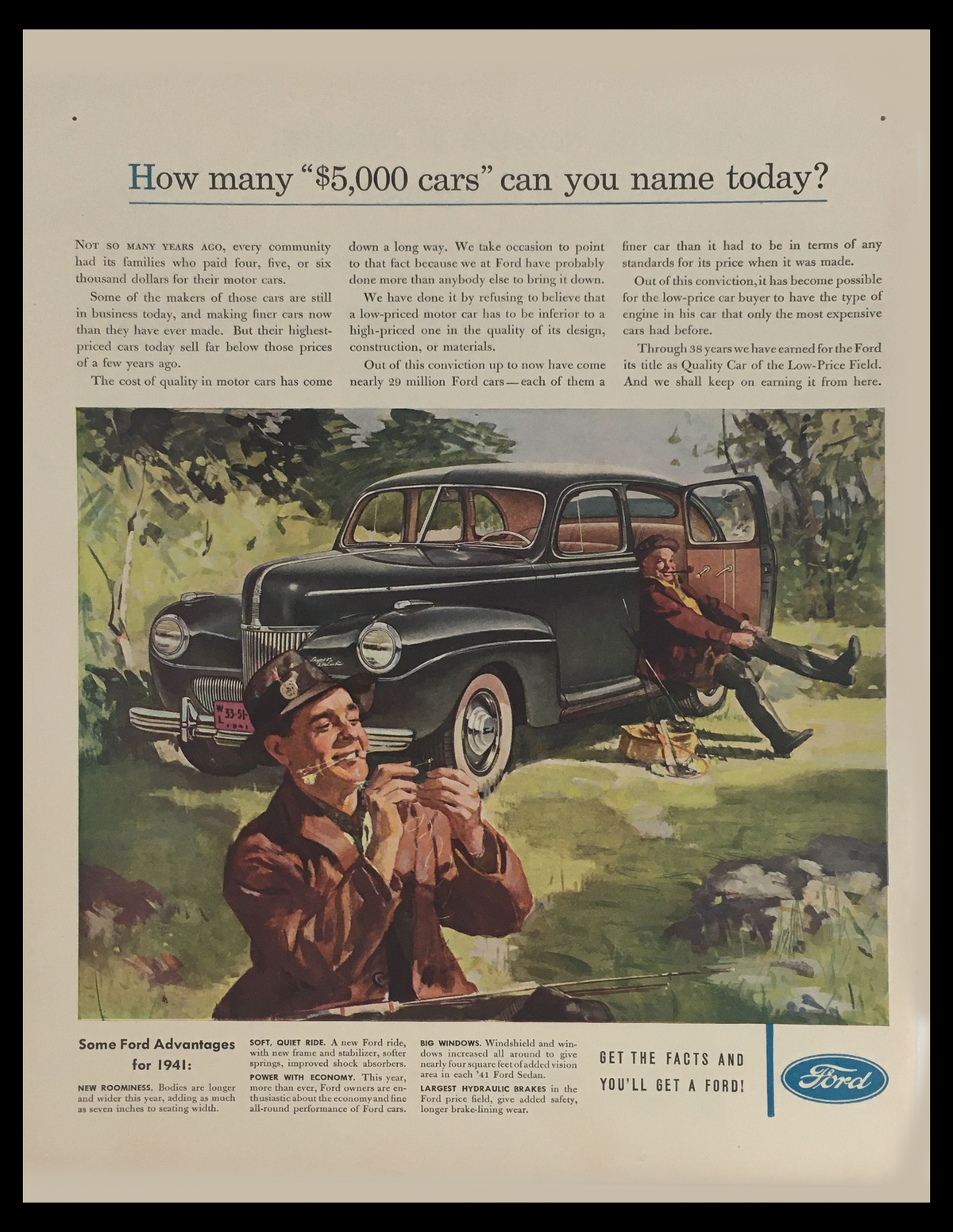 1941 Ford Quality Car Low-Price Field Vintage Print Ad featuring a classic Ford vehicle and a smiling salesman, promoting the Ford advantages for 1941.