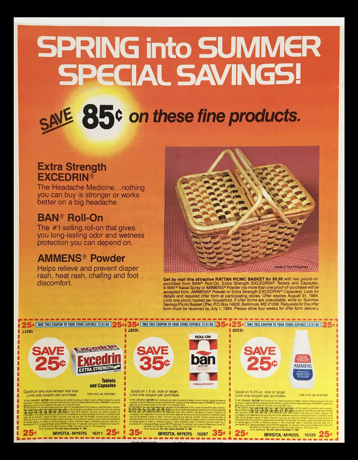 1984 Rattan Picnic Basket Circular Coupon Advertisement showcasing various products with coupon savings including the Rattan Picnic Basket, part of a spring promotion.