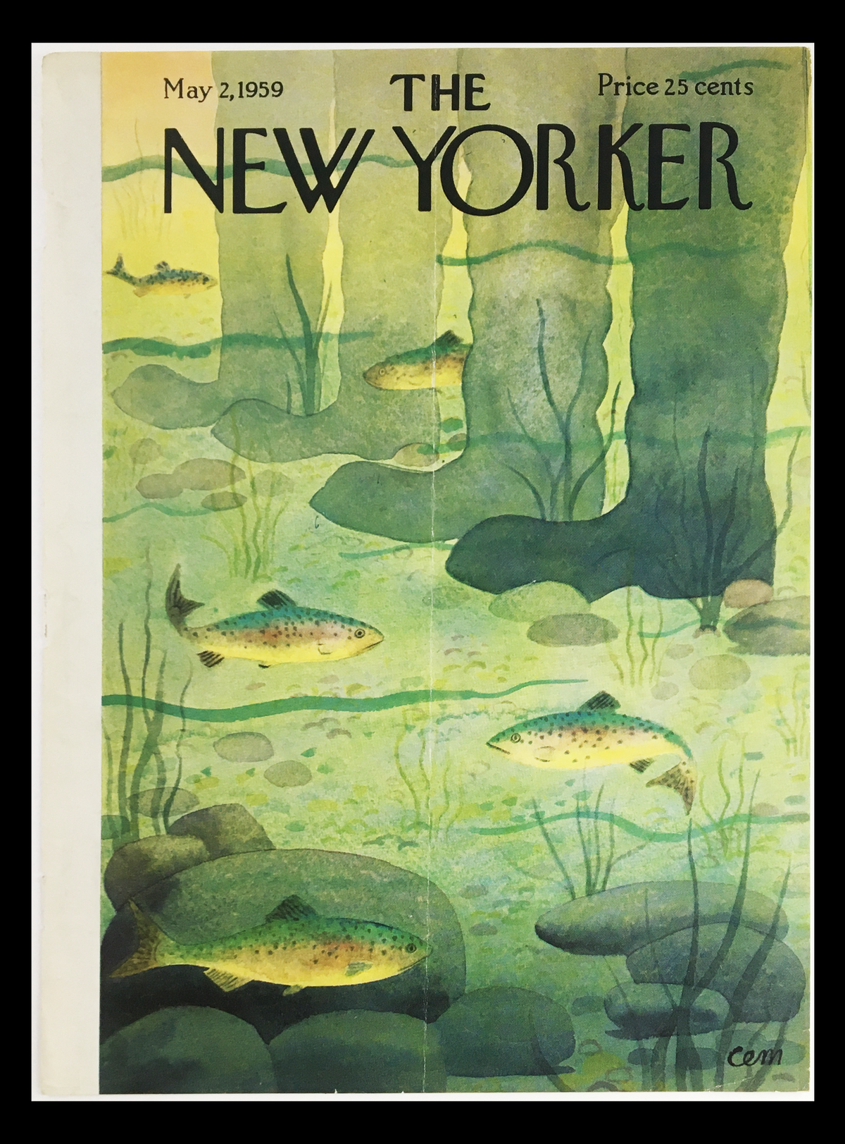 Cover image of The New Yorker magazine from May 2, 1959. Features an underwater scene with fish and a blurred reflection of brown boots among green aquatic vegetation. Title displayed at the top.