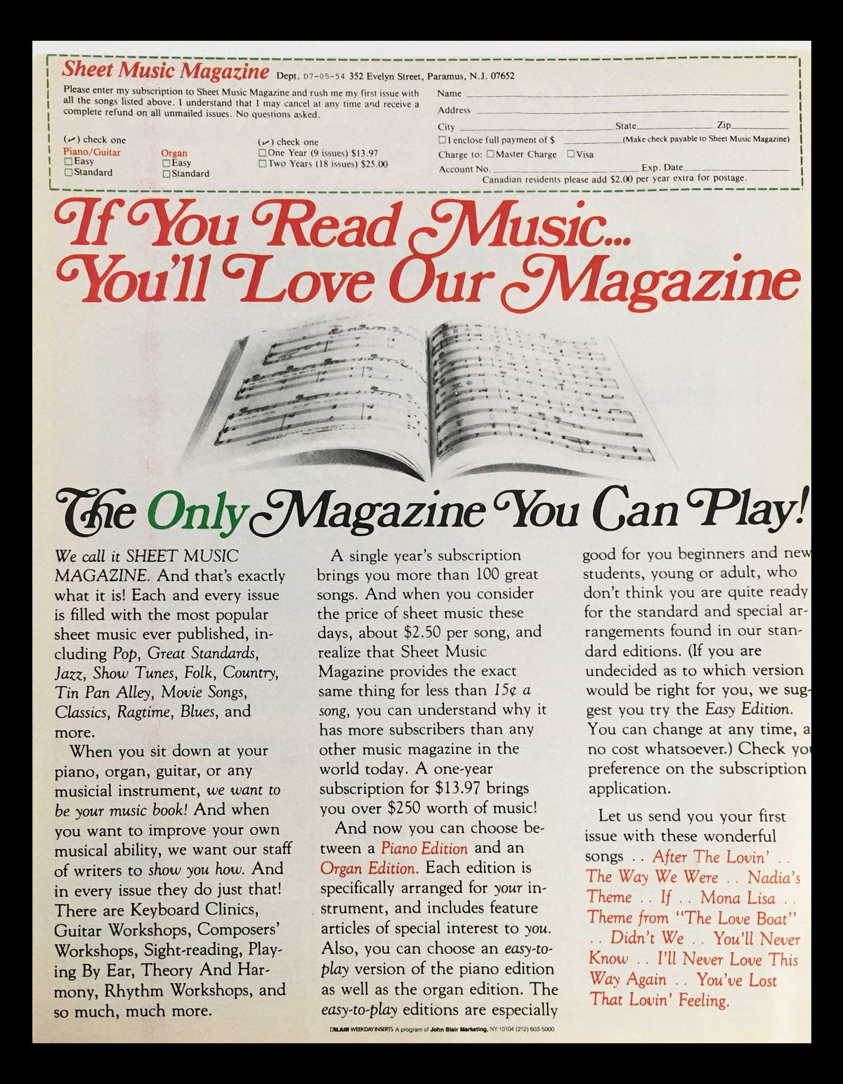 Sheet Music Magazine advertisement highlighting subscription details and music offerings, emphasizing popular music genres and learning resources.