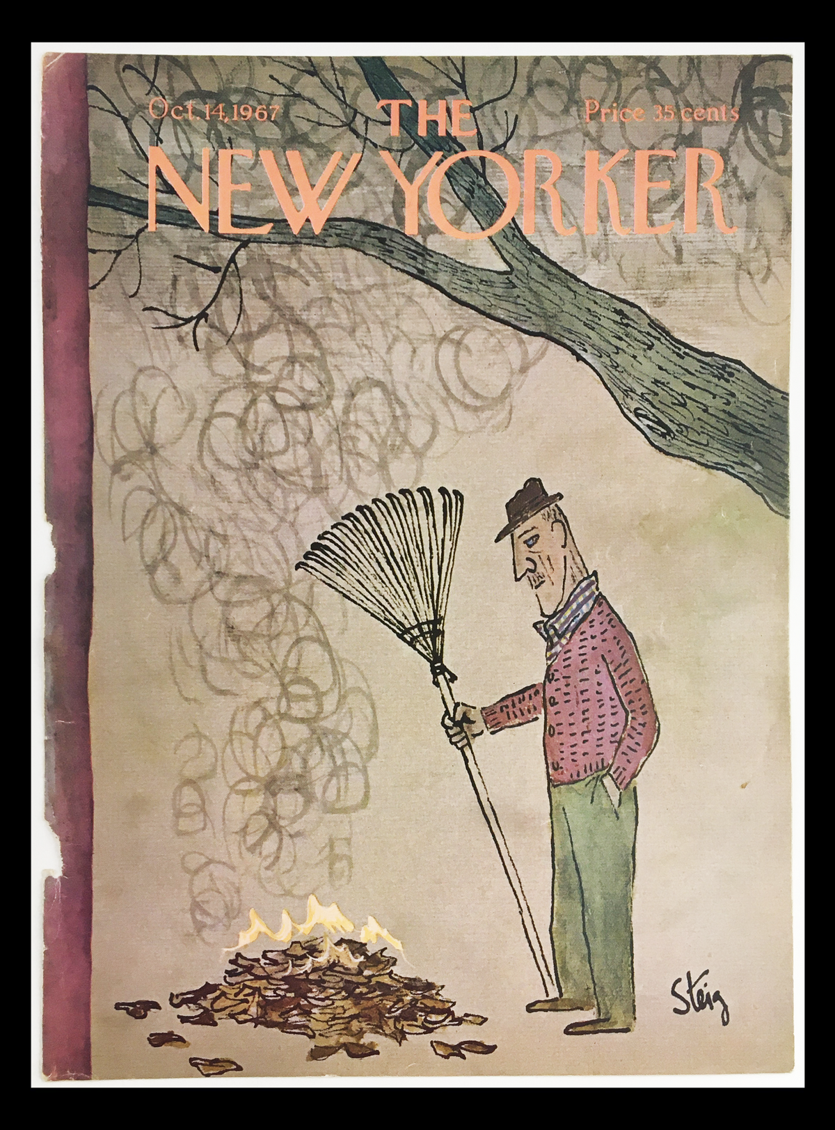 Cover of The New Yorker dated October 14, 1967 featuring a whimsical illustration by William Steig, depicting a man with a rake beside a pile of leaves.