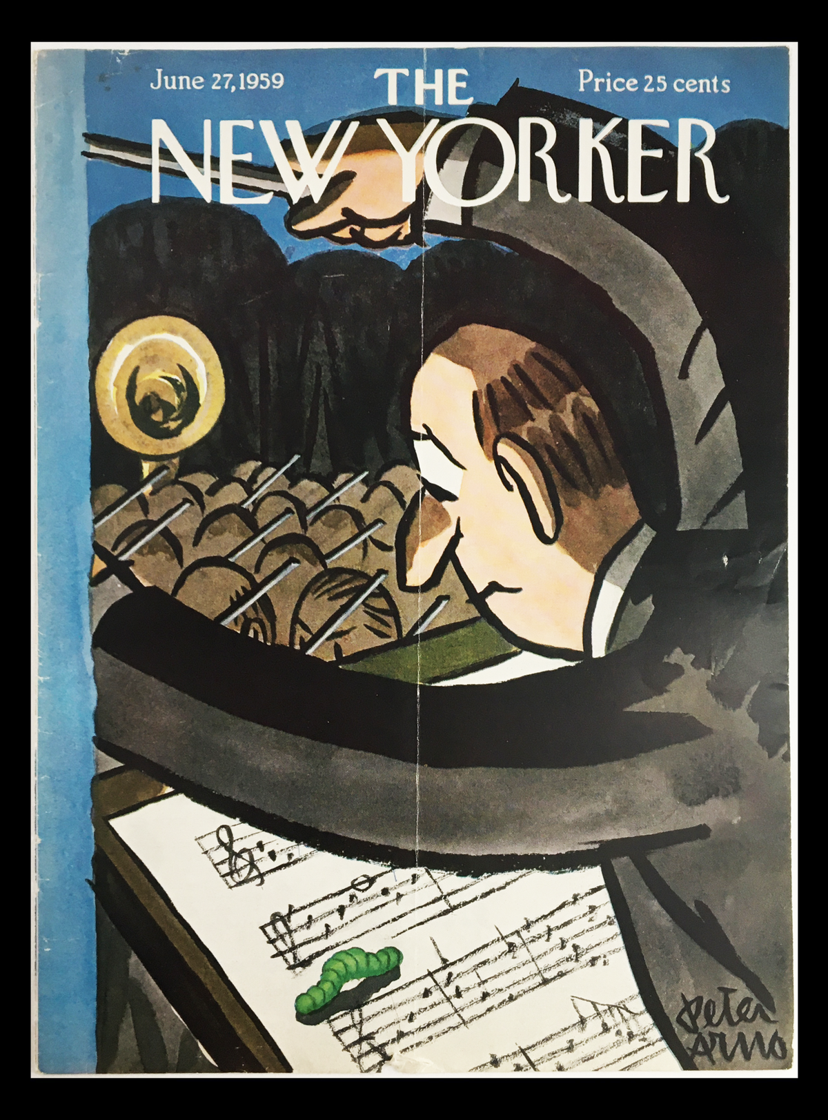 Cover of The New Yorker dated June 27, 1959, featuring artwork by Peter Arno, depicting a whimsical scene with a musician and sheet music, showcasing vintage artistic style.