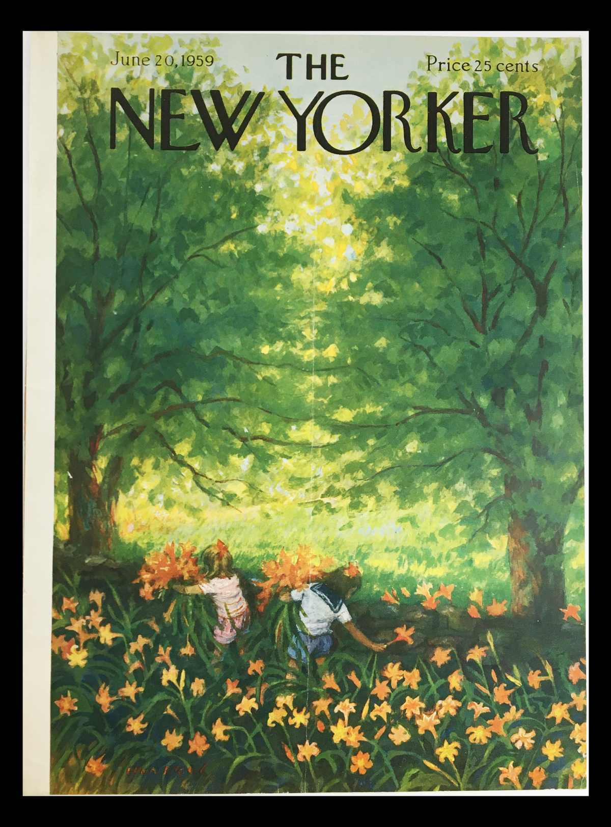 Cover of The New Yorker dated June 20, 1959, featuring a colorful illustration by Edna Eicke showcasing children gathering flowers in a lush green setting.