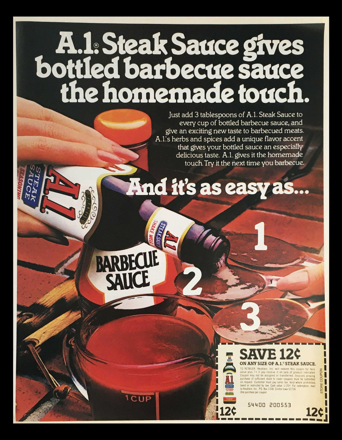 1983 A.1's Herbs and Spices Barbecue Sauce Circular Coupon Advertisement showcasing A.1. Steak Sauce and its use in homemade barbecue. The ad features a bottle of A.1. Steak Sauce and emphasizes its flavor enhancement in grilling.