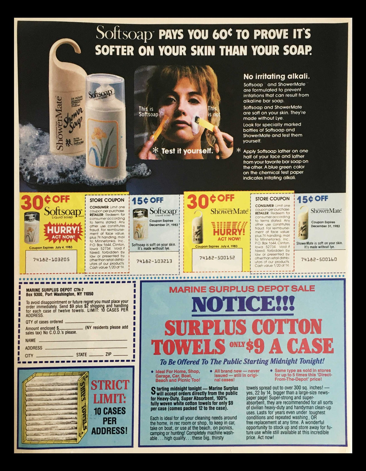 1983 A.1's Herbs and Spices Barbecue Sauce Circular Coupon Advertisement highlighting the Softsoap product, demonstrating its benefits for skin care. The ad promotes Softsoap with a young model and includes savings deals on household items.