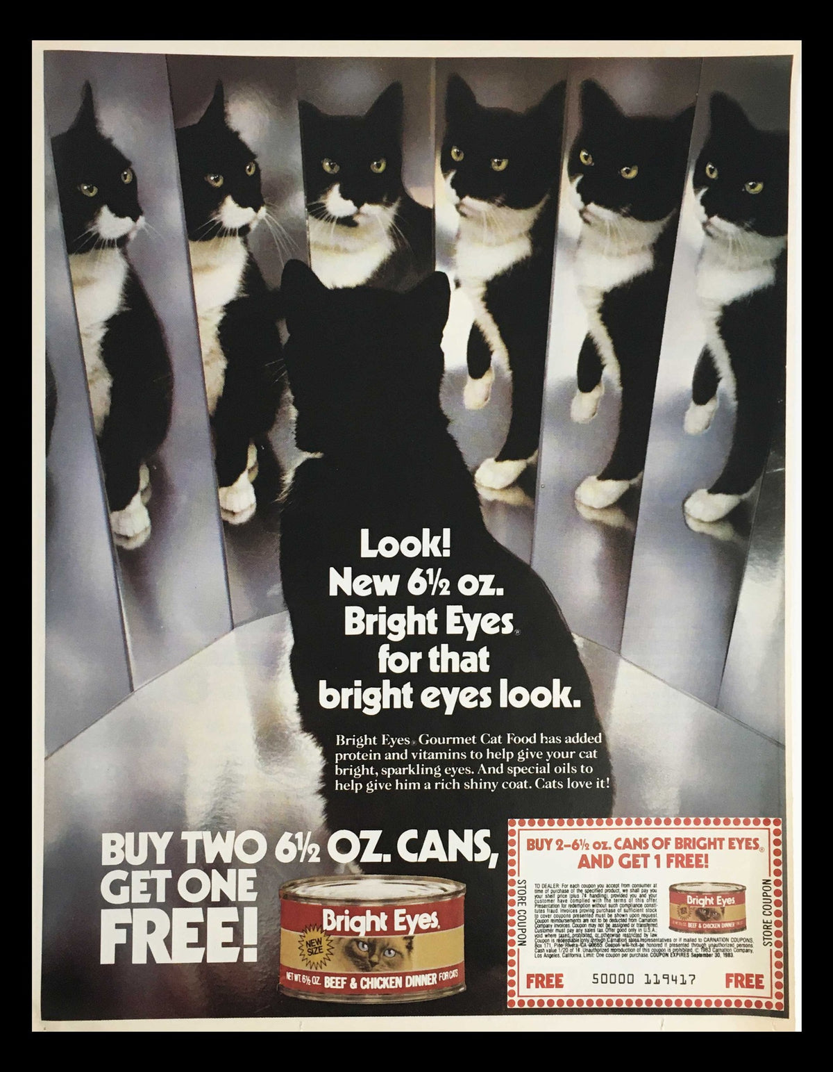 1983 Bright Eyes Gourmet Cat Food Circular Coupon Advertisement featuring a black and white cat surrounded by mirrors, promoting the purchase of two 6-ounce cans for a special deal.
