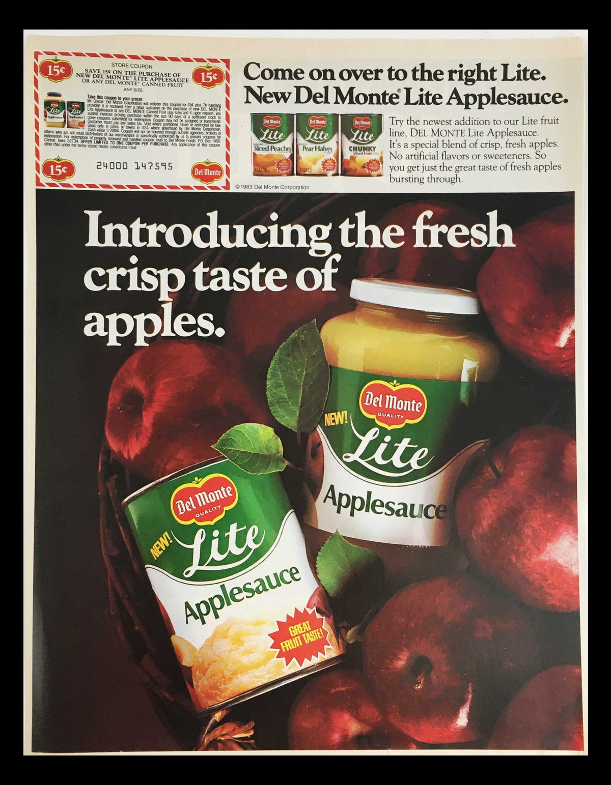 1983 Del Monte Lite Applesauce Circular Coupon Advertisement showcasing the product along with a store coupon, featuring vibrant imagery and promotional text that highlights the freshness and newness of Del Monte's Lite Applesauce.