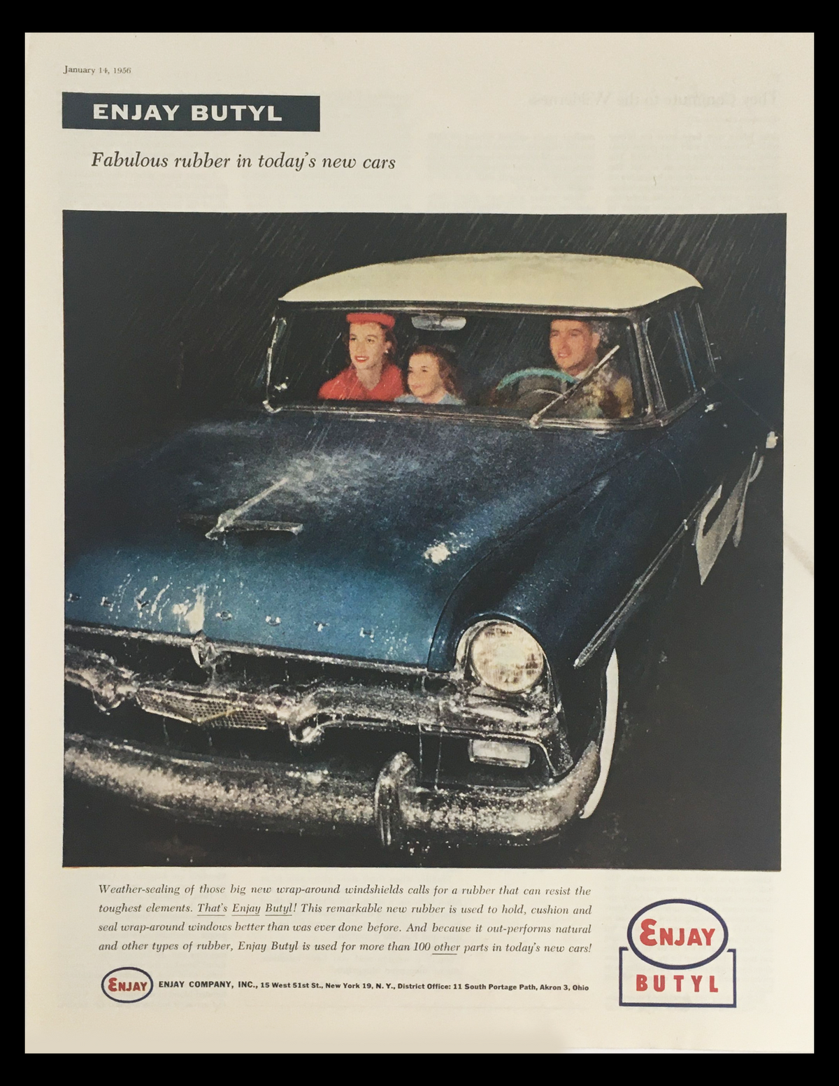 1956 Enjay Butyl Weather-Sealing Rubber Vintage Print Ad featuring a family in a vintage car during a rain storm, highlighting the effectiveness of Enjay Butyl's weather-sealing solutions.