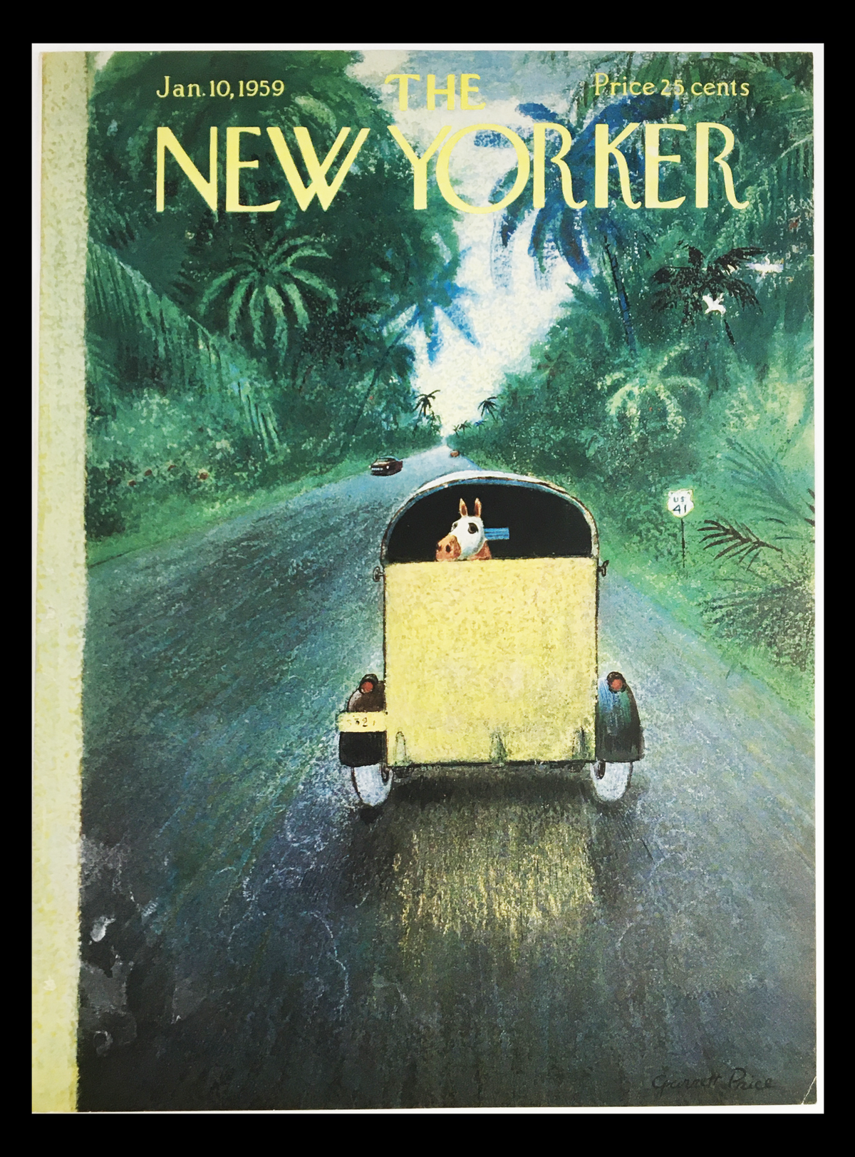Cover of The New Yorker dated January 10, 1959, featuring a vintage illustration by Garrett Price. The artwork depicts a scenic view of a road surrounded by lush greenery, with a whimsical yellow vehicle and a dog character visible inside.