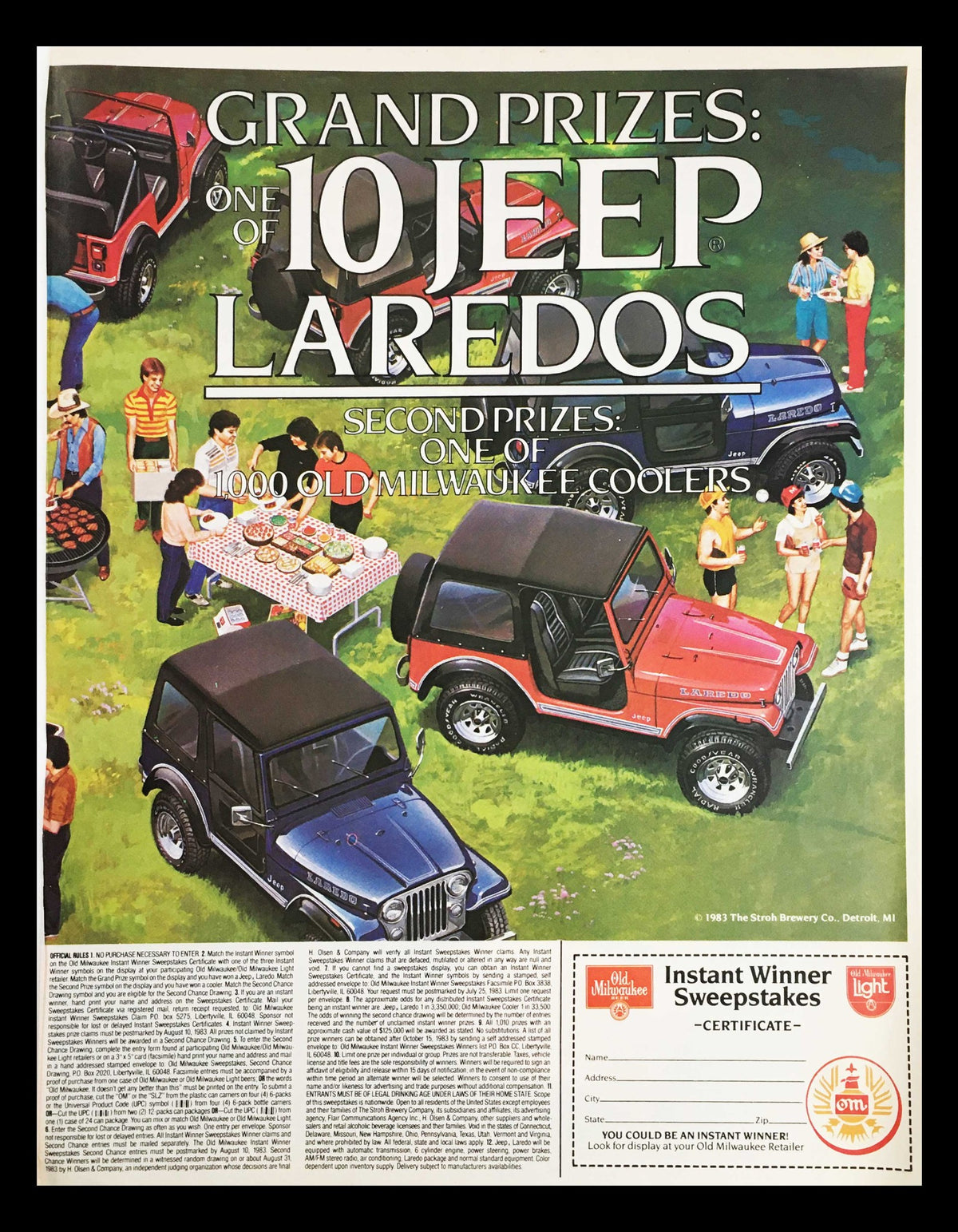 1983 Del Monte Lite Applesauce Circular Coupon Advertisement showcasing a vibrant design featuring a promotional sweepstakes for Jeep Laredo vehicles and Old Milwaukee coolers. Ideal for collectors of vintage advertisements and food marketing history.