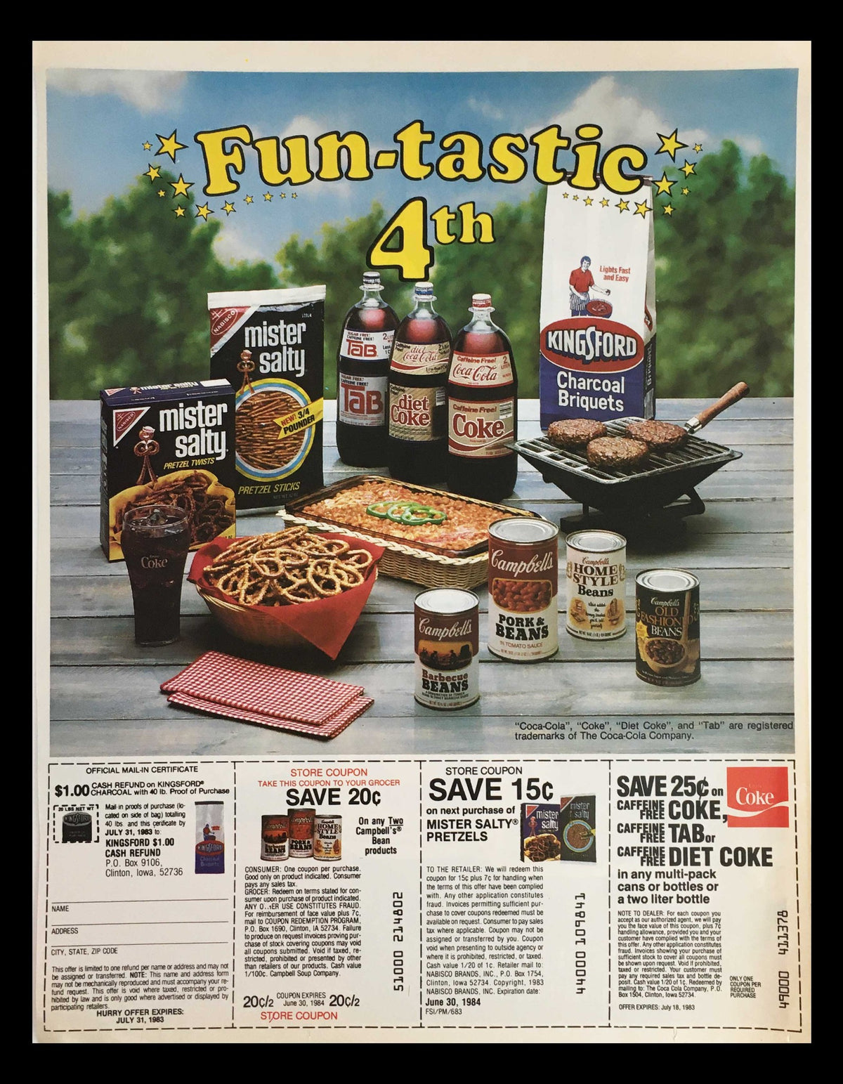1983 Nabisco Mister Salty & Coca-Cola Coke Circular Coupon Advertisement showcasing various snack products including Mister Salty pretzels, Diet Coke, and Campbell's soup, set in a picnic style display with a grill and barbecue items.