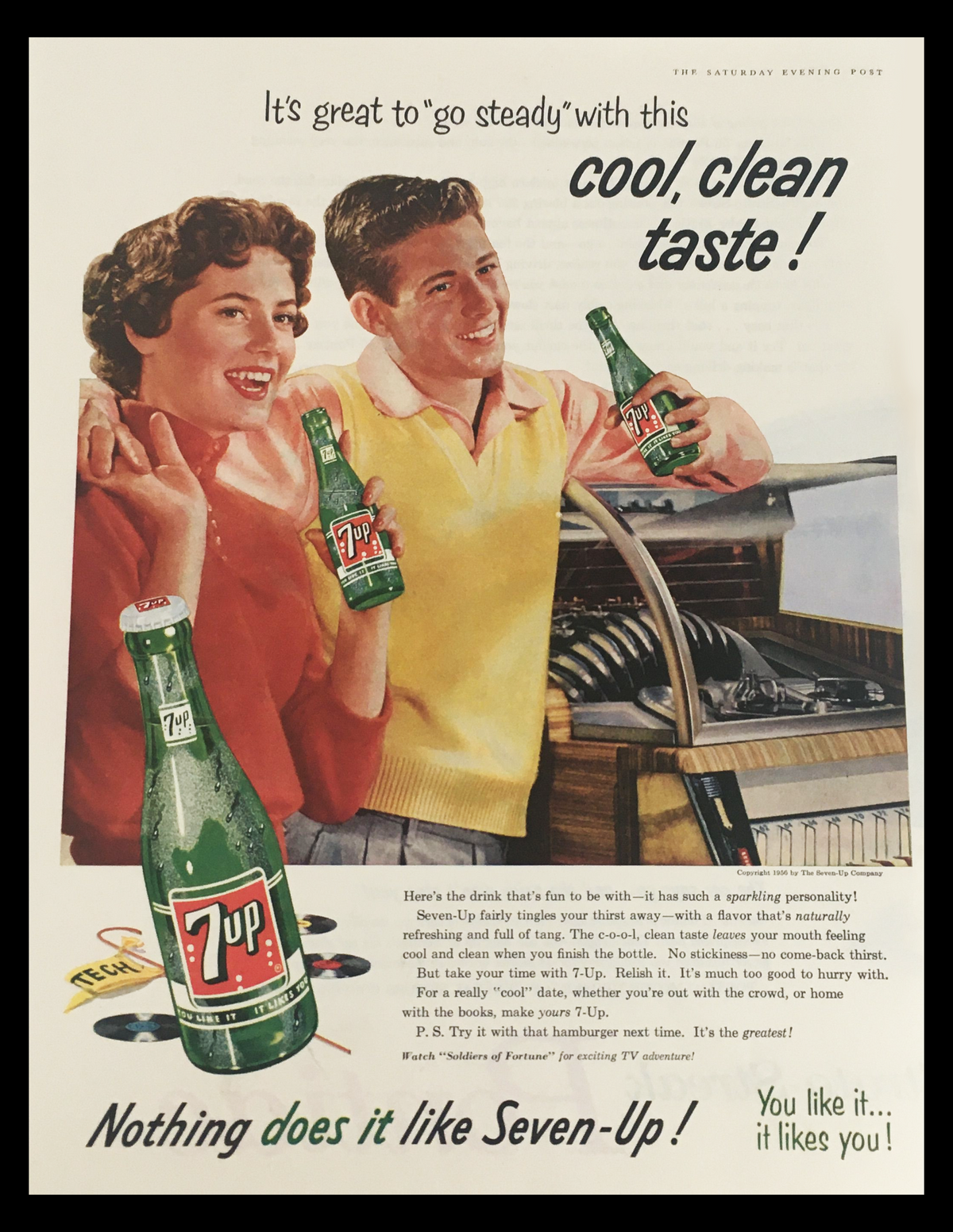 1956 Seven-Up Sparkling Drink Vintage Print Ad featuring a cheerful couple enjoying drinks, showcasing the iconic 7-Up logo and retro design elements, perfect for collectors and enthusiasts of mid-20th century advertisements.