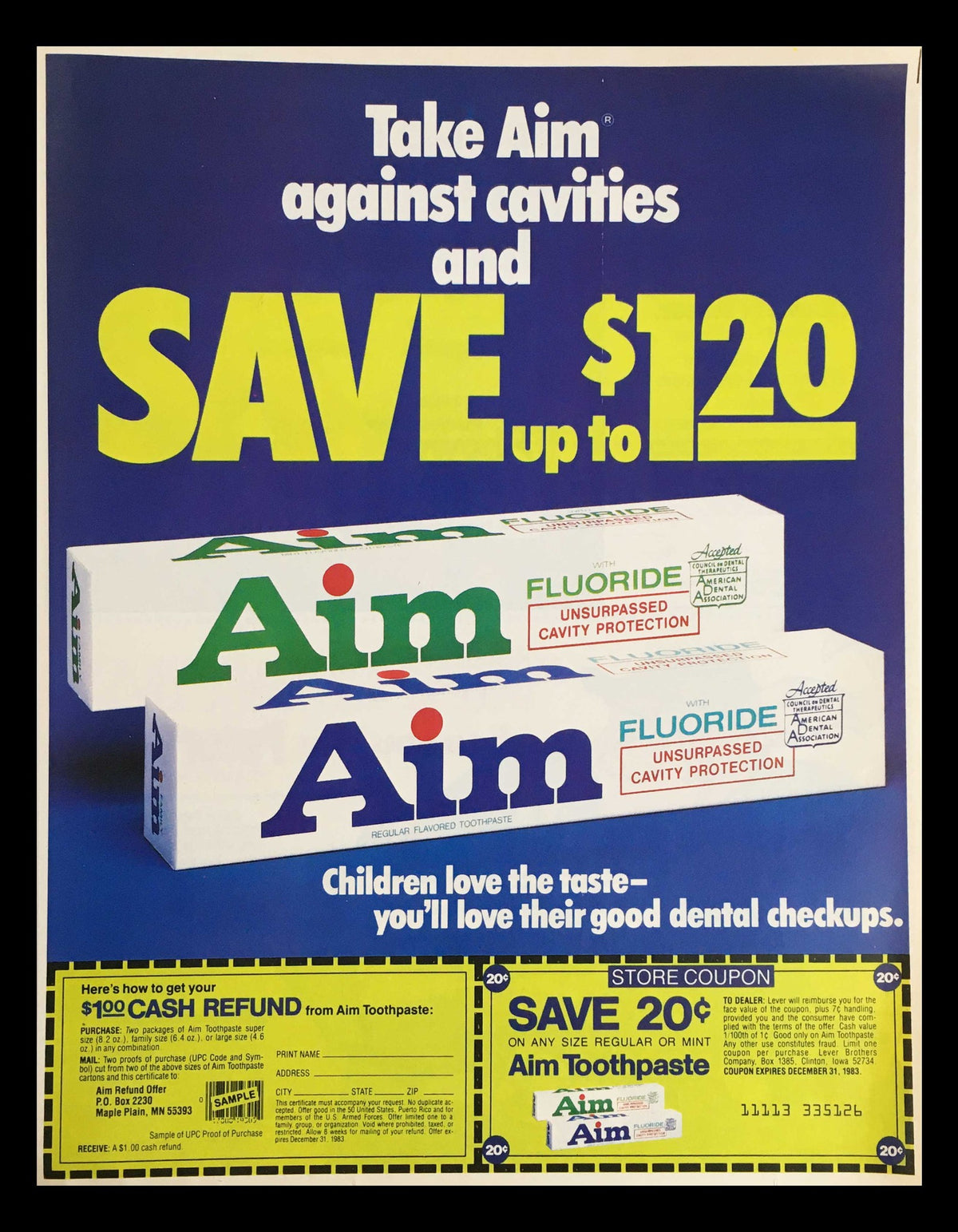 1983 Peter Pan Creamy Peanut Butter Circular Coupon Advertisement showcasing a colorful Aim toothpaste promotion that offers savings up to $120 with eye-catching visuals and discounts listed.