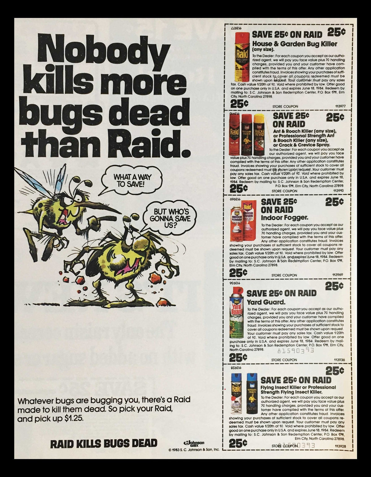 1983 Johnson Wax Raid Flying Insect Killer Circular Coupon Advertisement featuring cartoon insects, a catchy slogan about Raid's efficacy, and multiple product coupons. A historical piece illustrating vintage advertising and pest control.