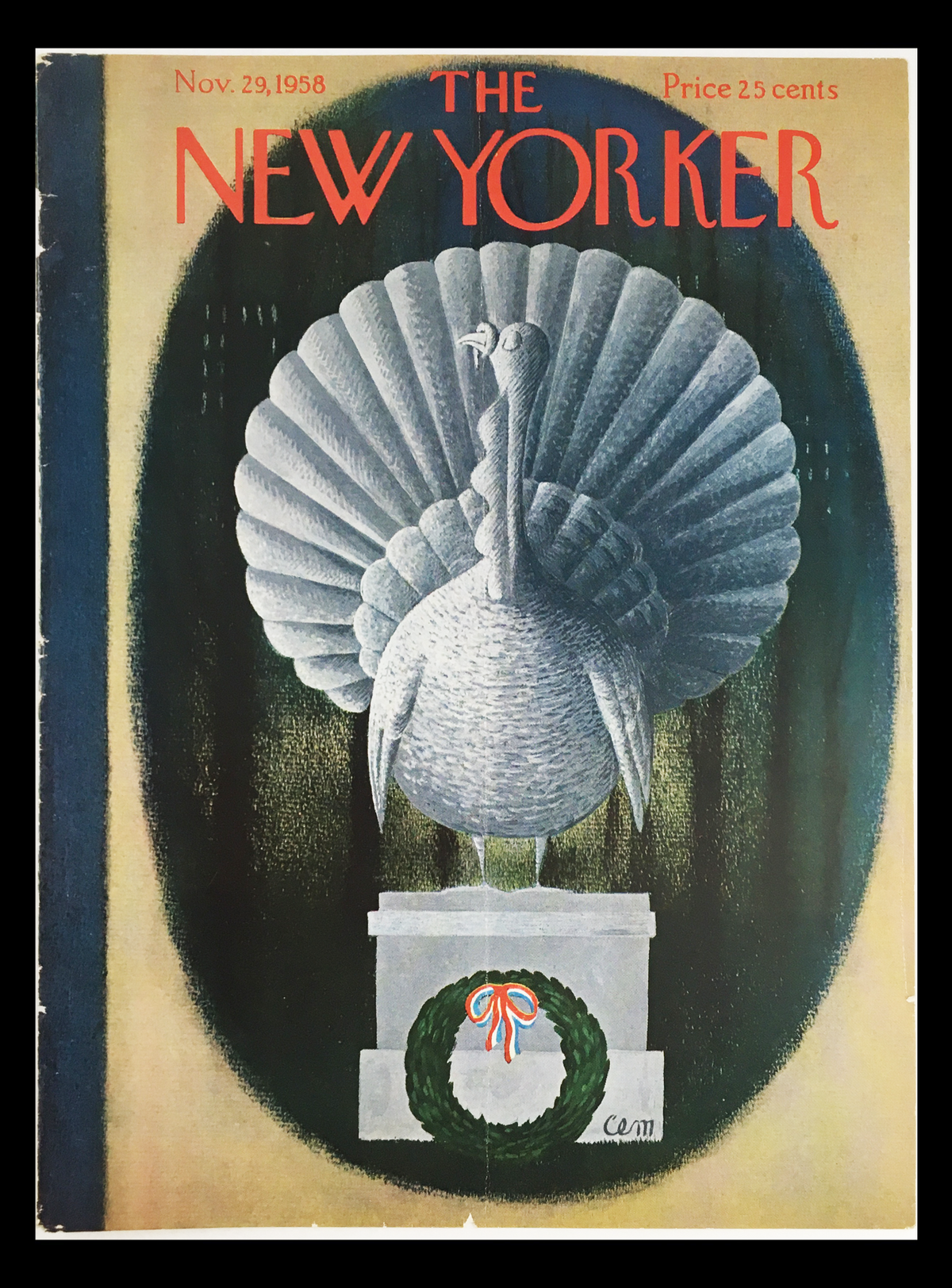 Full cover of The New Yorker dated November 29, 1958, illustrated by Charles E. Martin, featuring a turkey statue with lush details and a festive wreath.