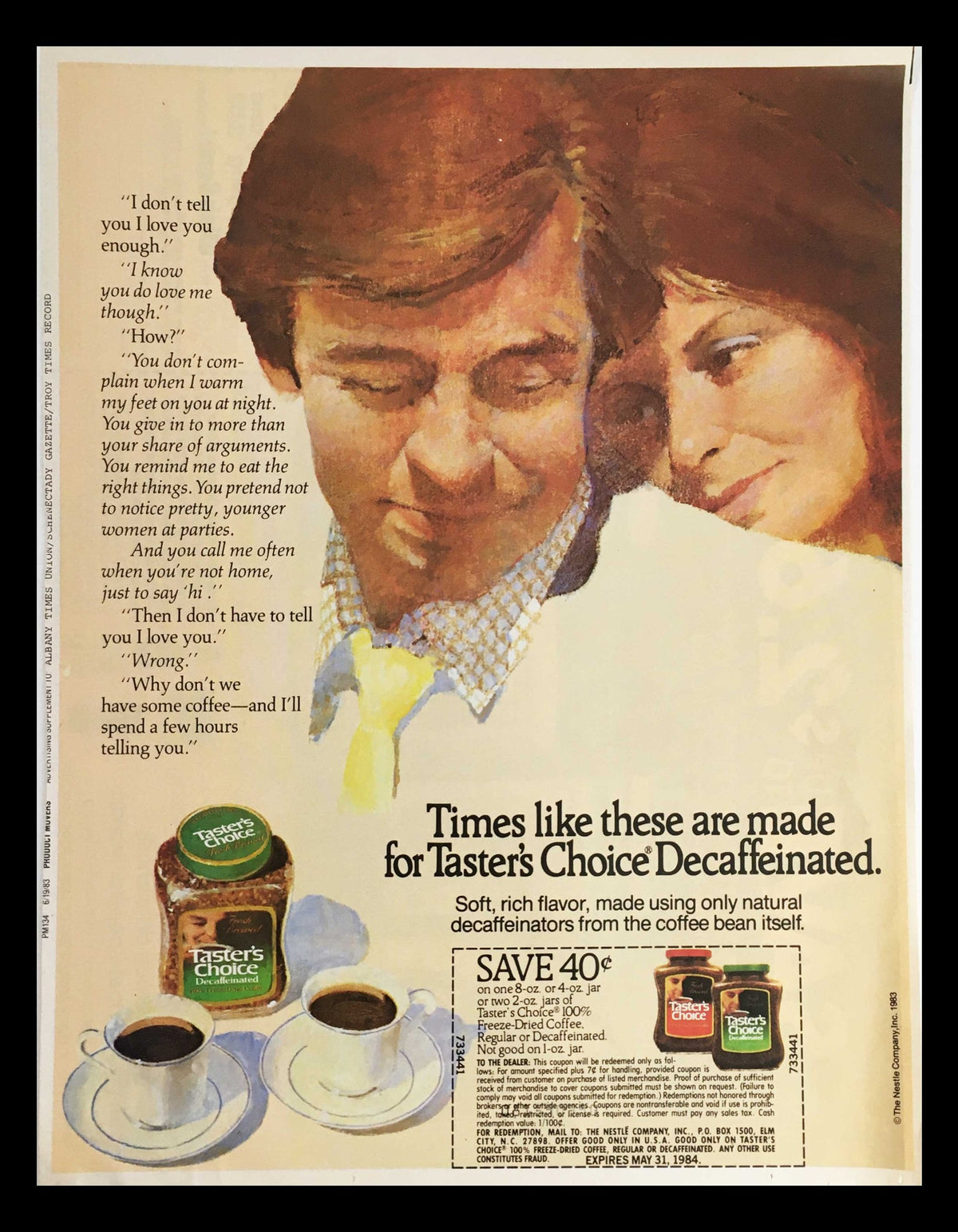 1983 Taster's Choice Freeze-Dried Coffee Circular Coupon Advertisement featuring a romantic couple, emphasizing soft flavor and coffee moments.