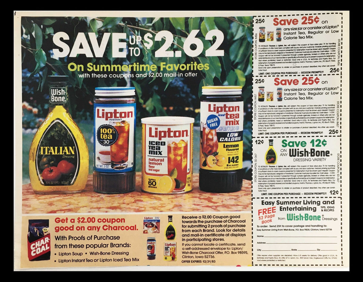 1983 advertisement showcasing summer savings on Wish-Bone Dressing and Lipton Instant Tea products, highlighting coupon offers and promotional savings.
