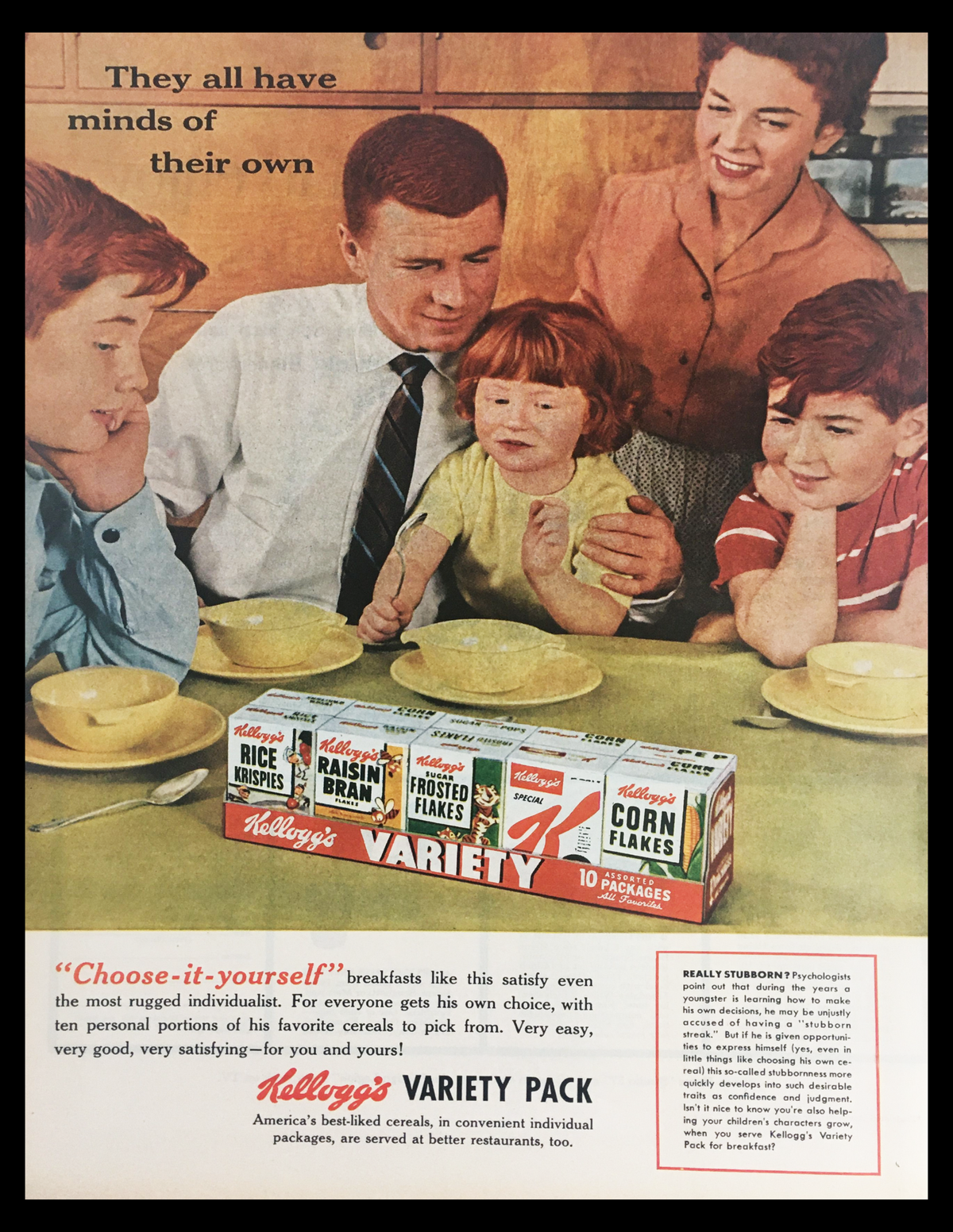 1956 Kellogg's Variety Pack of Cereals Vintage Print Ad featuring a family enjoying breakfast together with an array of cereal boxes, capturing the nostalgic essence of mid-century dining.