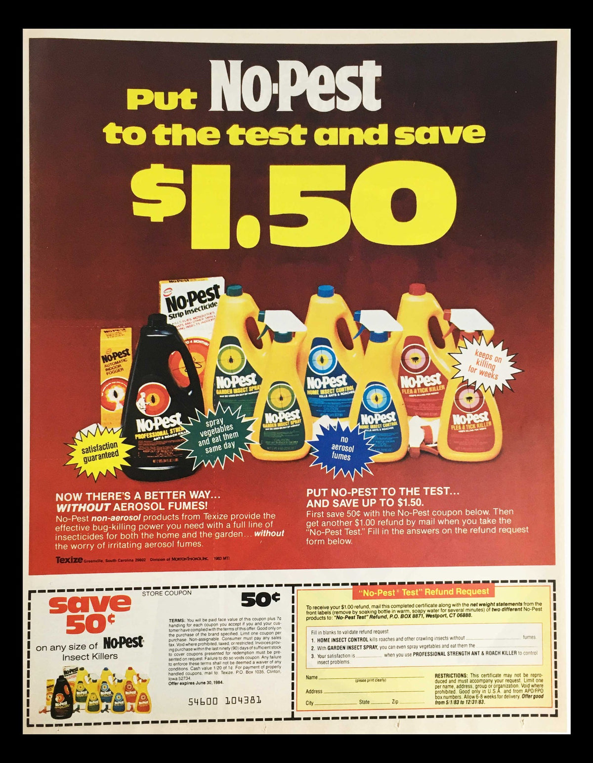 1983 No-Pest Non-Aerosol Products Circular Coupon Advertisement showcasing various No-Pest insecticide products with a highlighted savings of $1.50, featuring a coupon for discount offers.