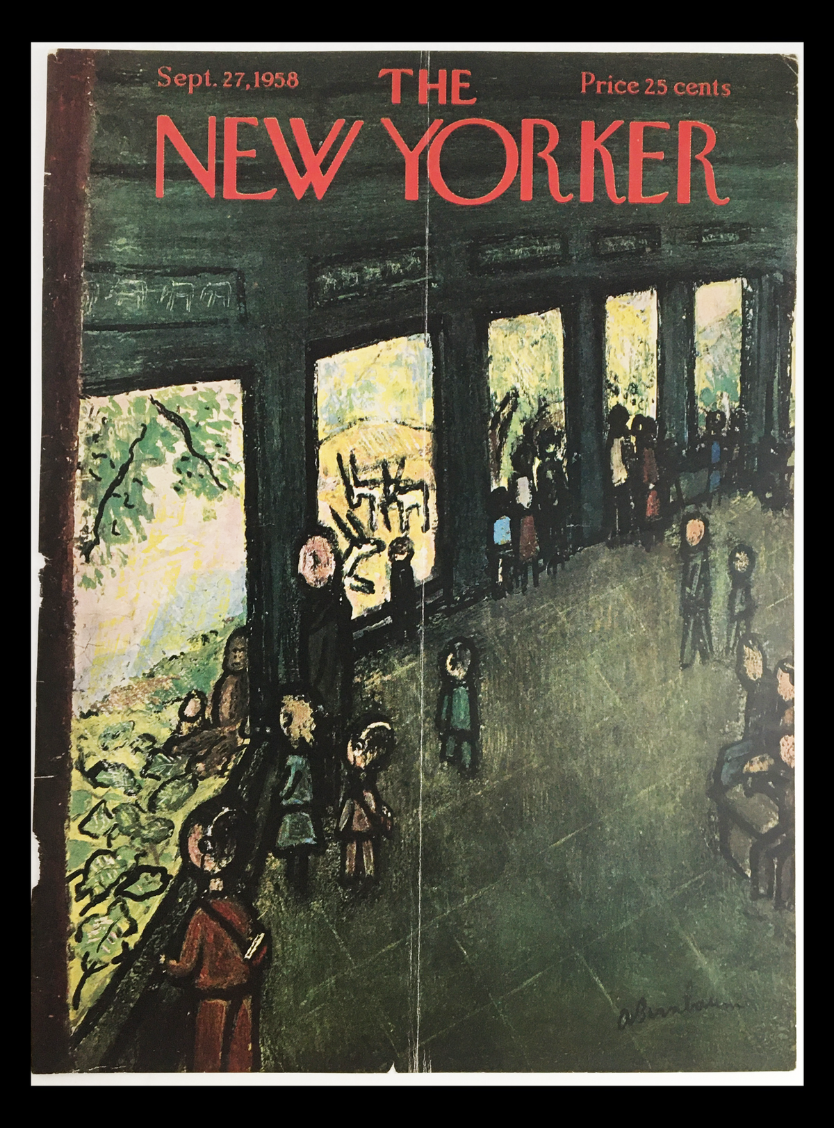 COVER ONLY The New Yorker September 27 1958, showcasing a vibrant street scene with people gathered in front of a window display, artwork by Abe Birnbaum.