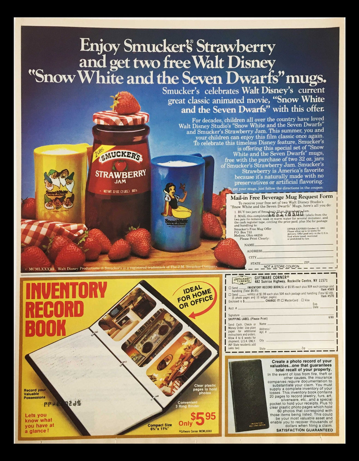 1983 advertisement for Smucker's Strawberry Jam promoting a special offer of two free Walt Disney mugs with purchase, including colorful imagery of jam and mugs, and additional product information.