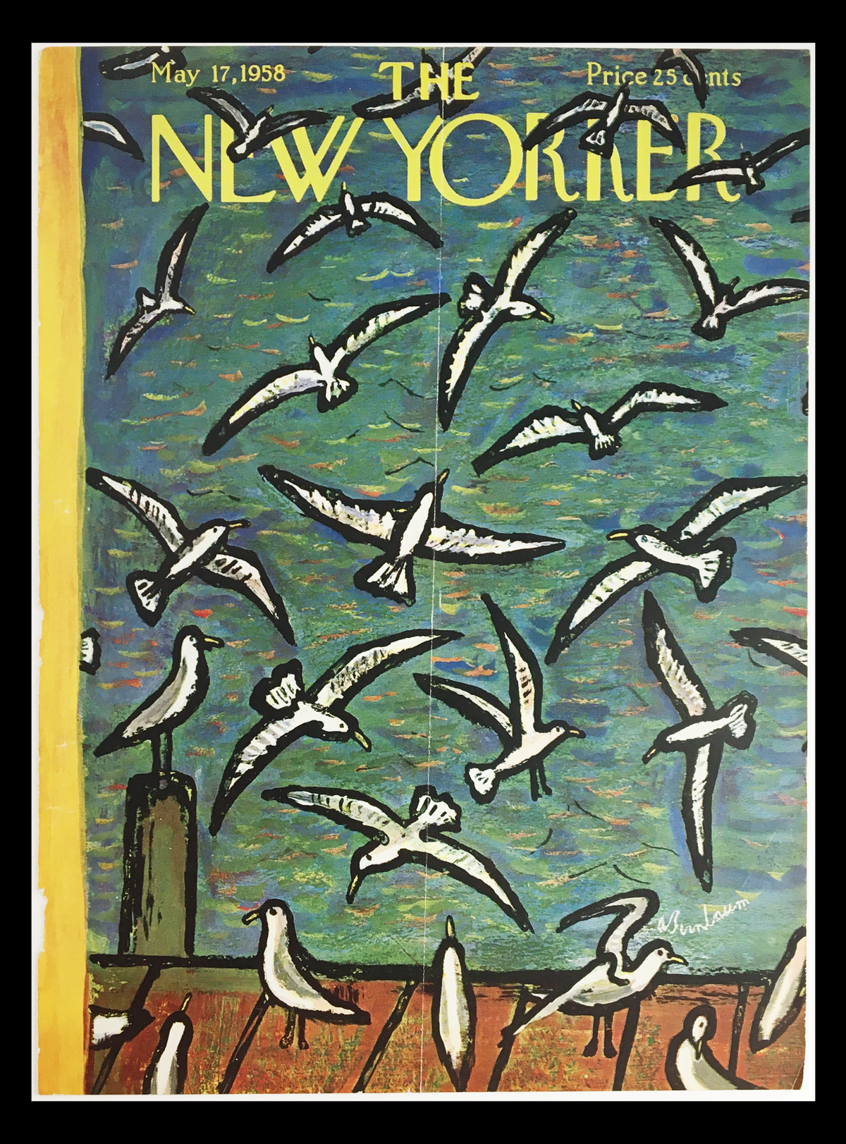 Cover art of The New Yorker magazine from May 17, 1958, featuring a colorful illustration of seagulls in flight over a blue sea by Abe Birnbaum.