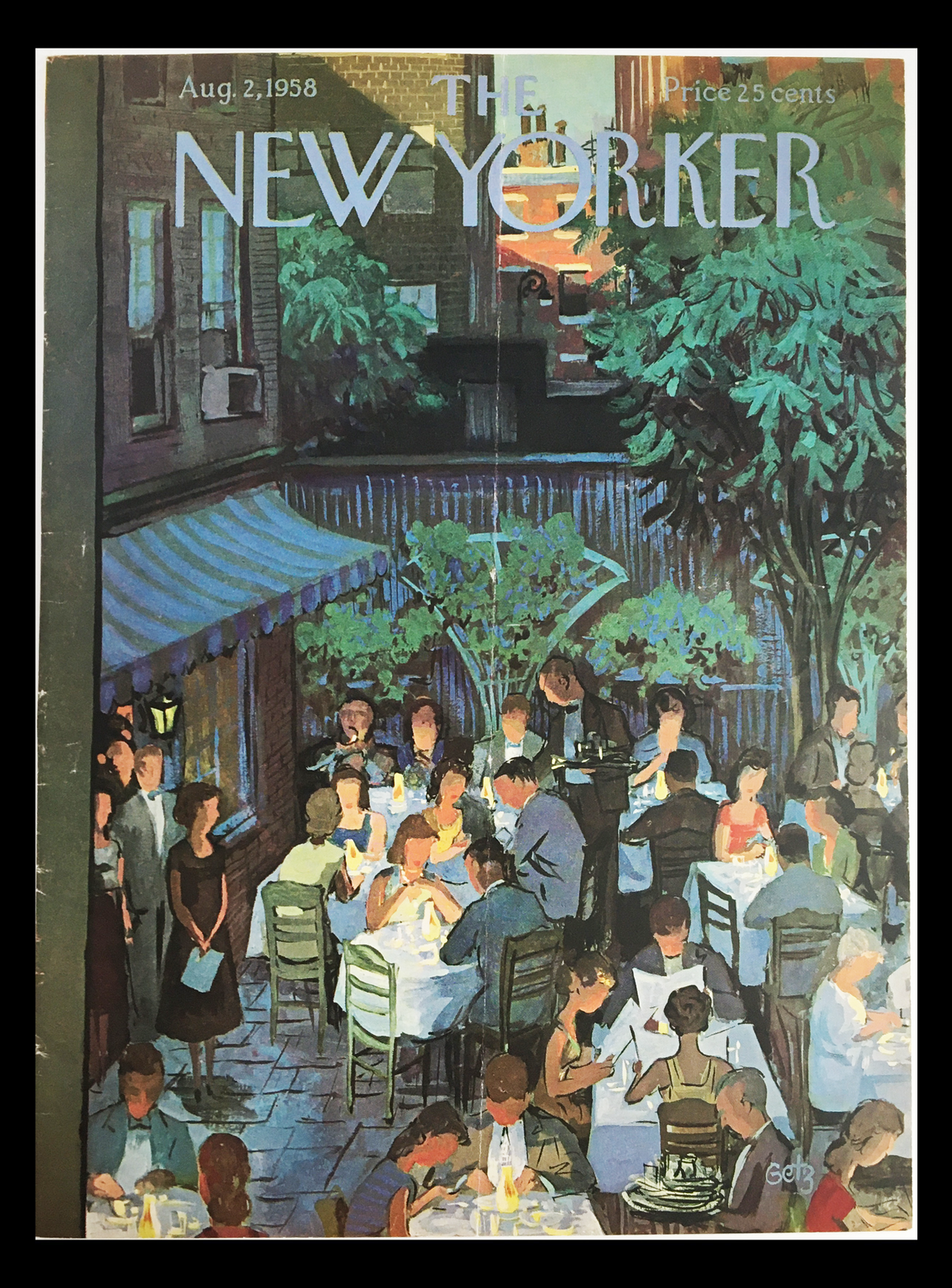 Cover of The New Yorker, August 2, 1958, featuring a vibrant outdoor dining scene in a garden setting, illustrating the theme by Arthur Getz.