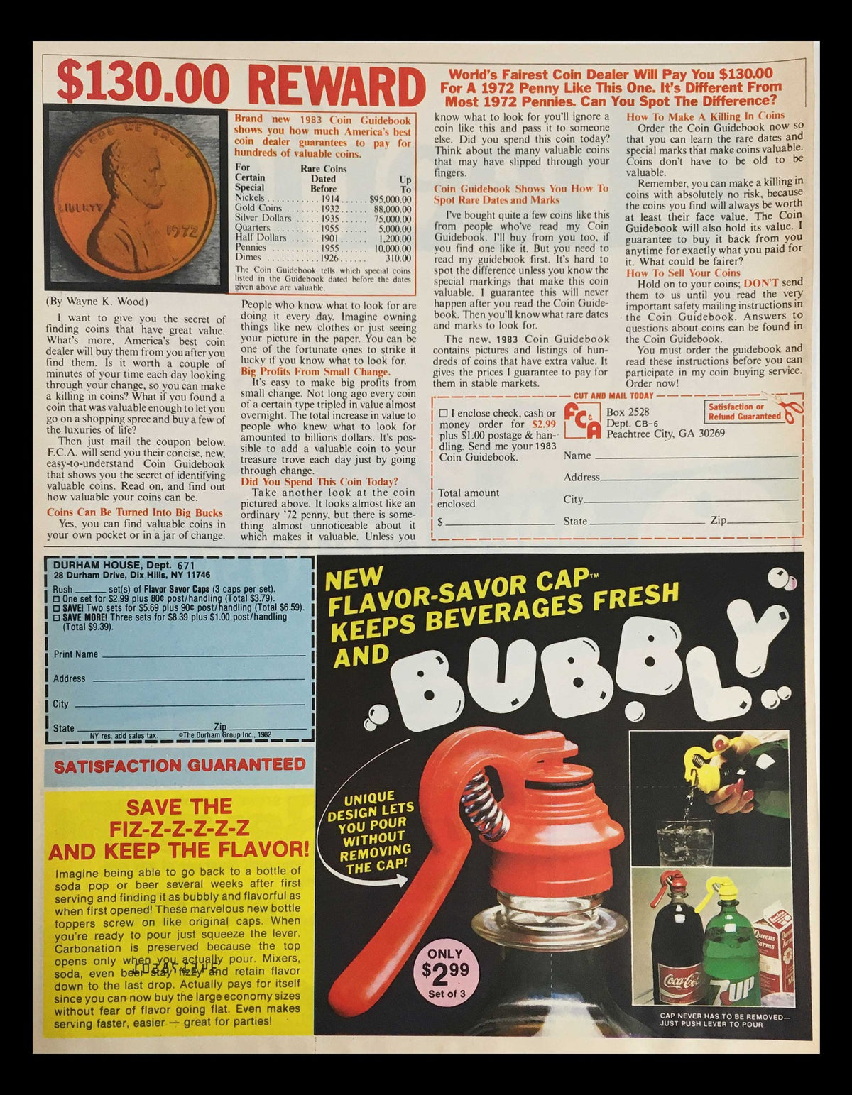 1982 General Mills Cheerios Toasted Oat Cereal Circular Coupon Advertisement showing the reverse side including a reward notice and an advertisement for a unique flavor-savor cap for drinks. This version of the ad offers insight into other promotions while maintaining Cheerios branding.