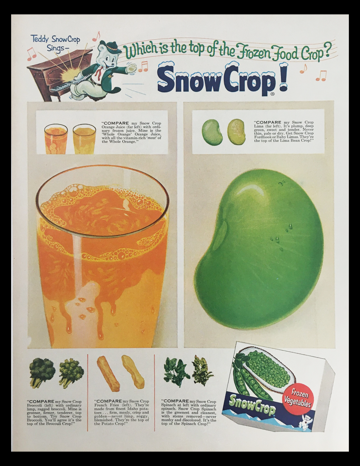 1956 Snow Crop Frozen Vegetables vintage print ad featuring colorful illustrations of frozen food products, including a vibrant beverage and vegetables. The ad promotes the convenience of frozen foods with catchy visuals and retro design elements, highlighting the brand's unique offerings.