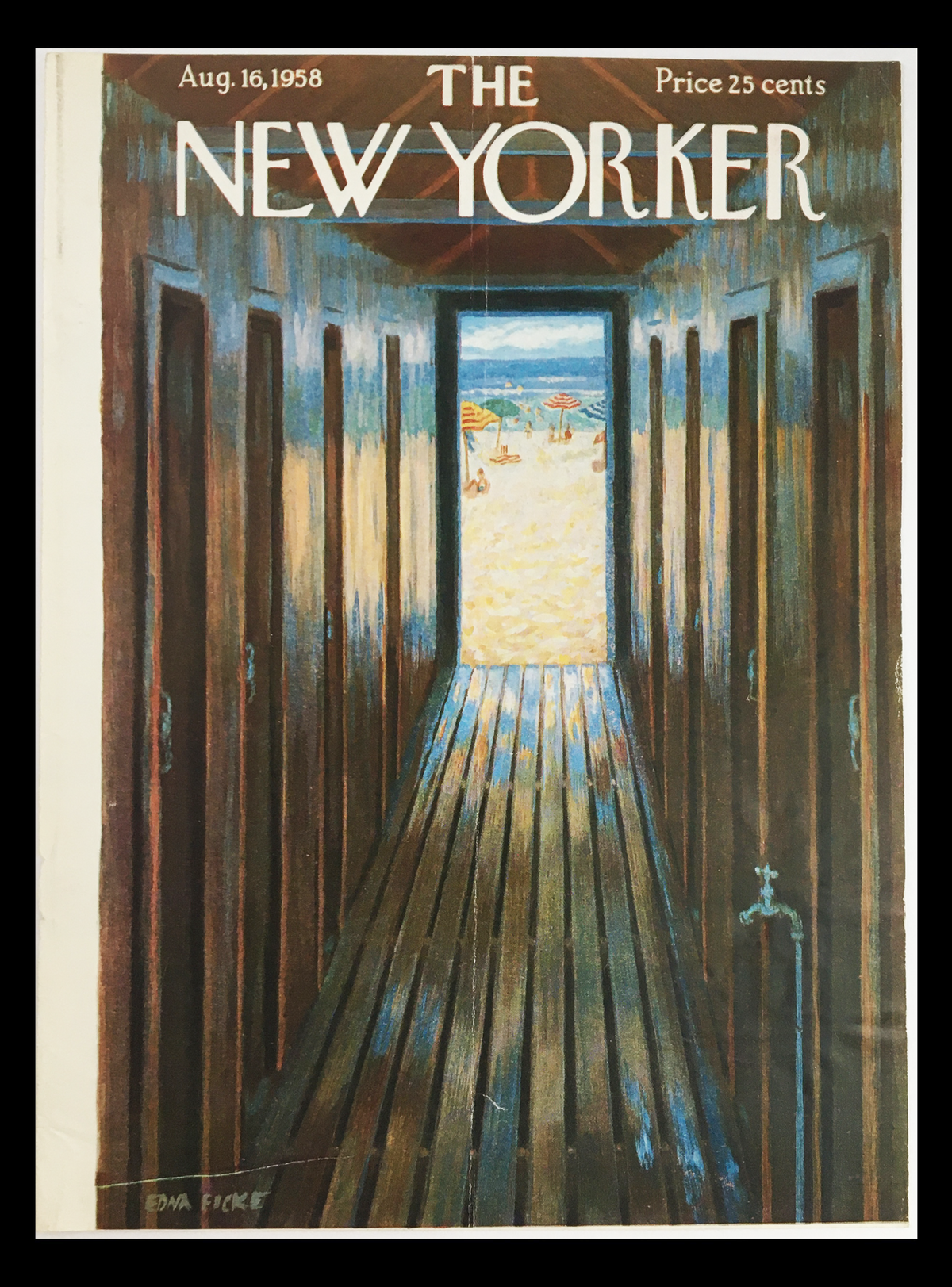 Cover art for The New Yorker August 16 1958, themed by Edna Eicke, featuring a beach view through wooden doors, highlighting a sunlit scene with colorful umbrellas and sandy beach on the horizon.