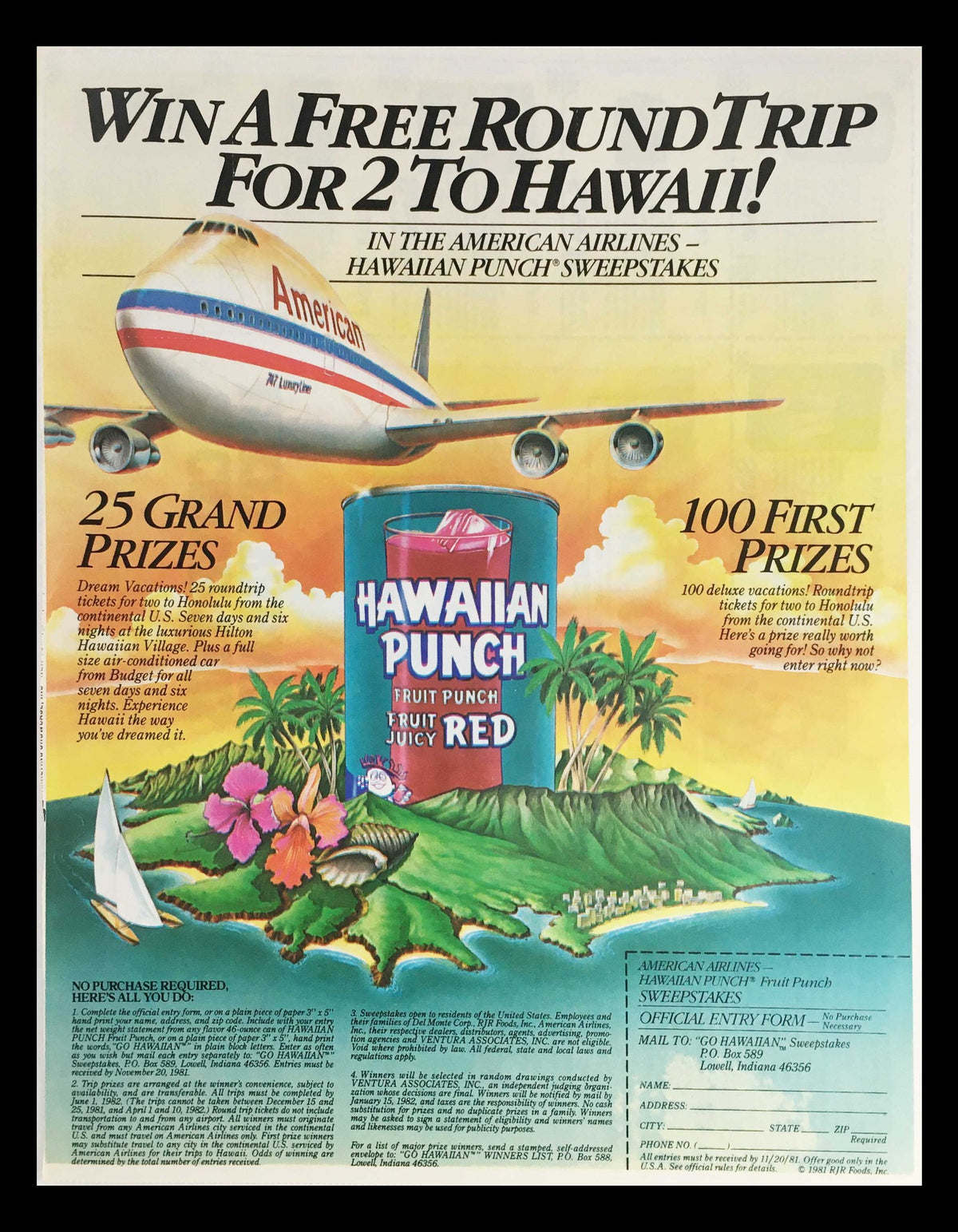 1981 Hawaiian Punch Fruit Punch Fruit Juicy Red Circular Coupon Advertisement featuring a colorful landscape of Hawaii and an American Airlines airplane, promoting a sweepstakes for a free round trip to Hawaii. Includes prize details.