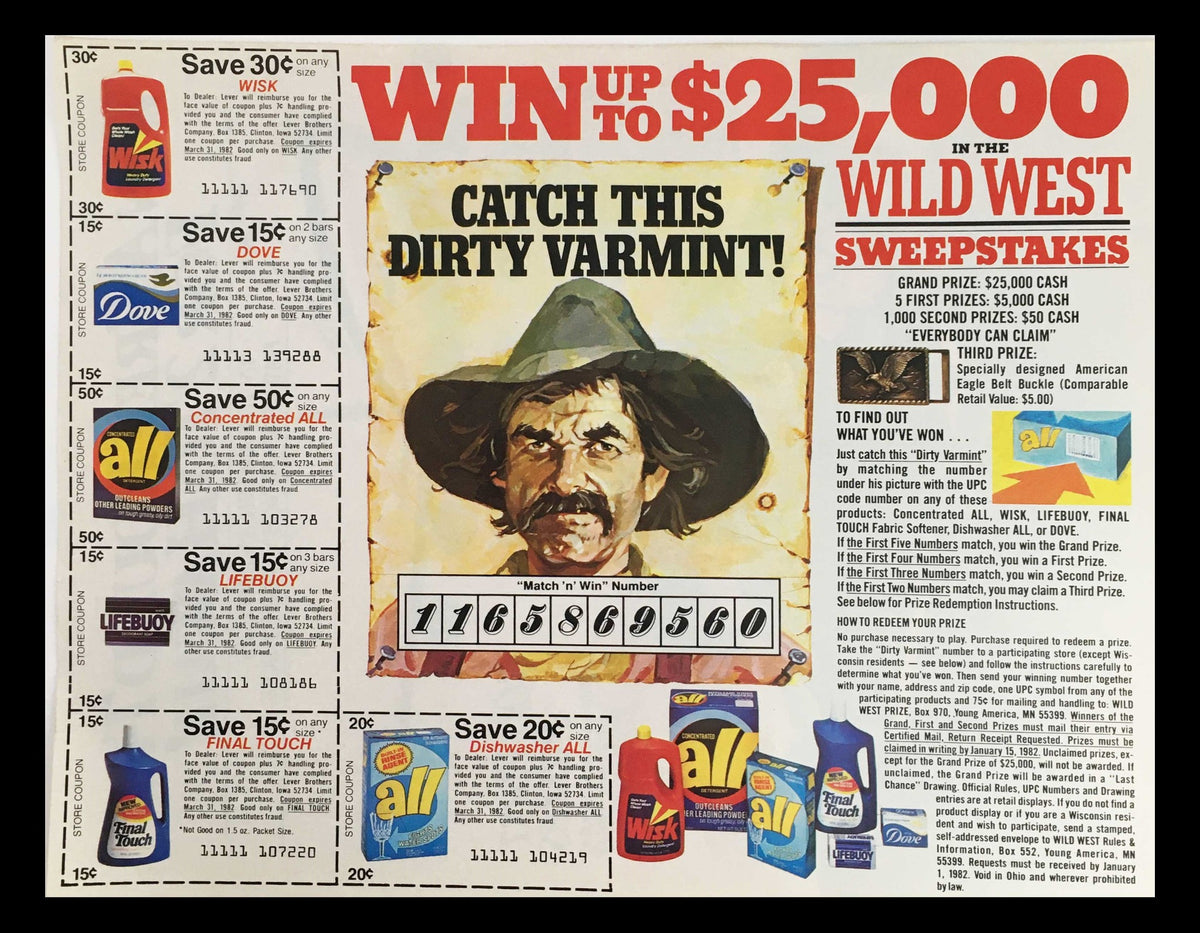 1981 Hawaiian Punch Fruit Punch Fruit Juicy Red Circular Coupon Advertisement highlighting a sweepstakes offering a grand prize of $25,000 and featuring various products including Wisk, Dove, and Lifebuoy soap with a humorous illustration of a cowboy.