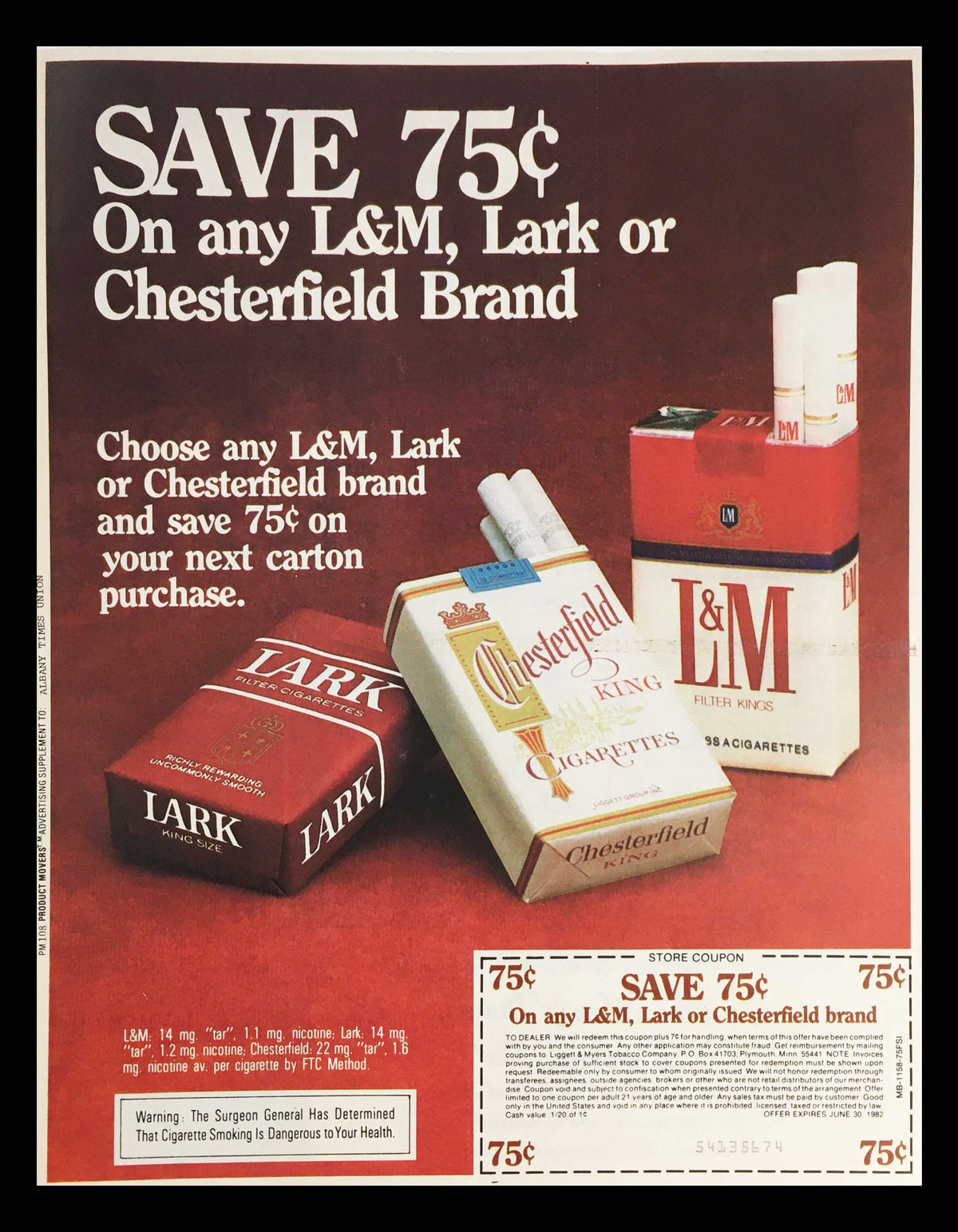 1982 L&M, Lark & Chesterfield Brand Cigarette Circular Coupon Advertisement featuring L&M and Chesterfield cigarette packs, promoting savings of 75 cents on the next purchase, suitable for collectors.
