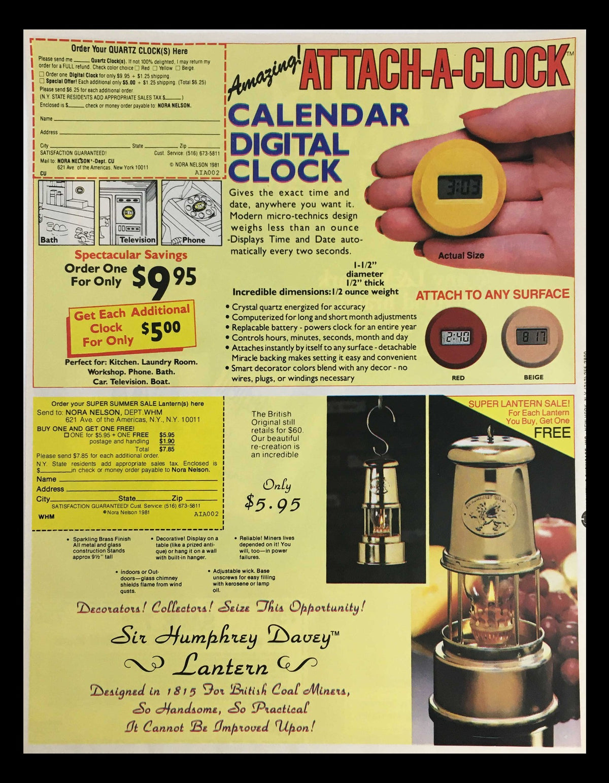 1982 L&M, Lark & Chesterfield Brand Cigarette Circular Coupon Advertisement showcasing an attachable digital clock and a Sir Humphrey Davey lantern, highlighting decorative items and gadgets for home use.