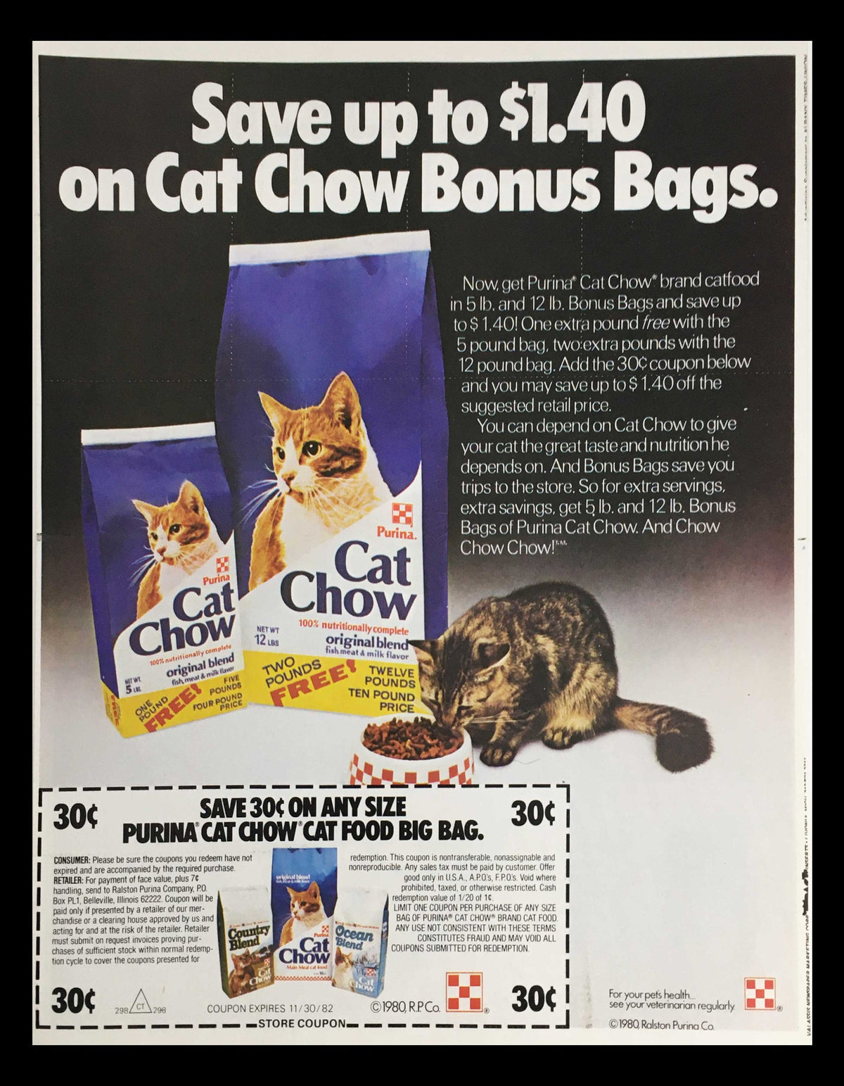 1980 Purina Cat Chow Original Blend Circular Coupon Advertisement featuring a promotional offer to save up to $1.40 on Cat Chow Bonus Bags, with images of the Cat Chow packaging and a cat, showcasing the original coupon details.