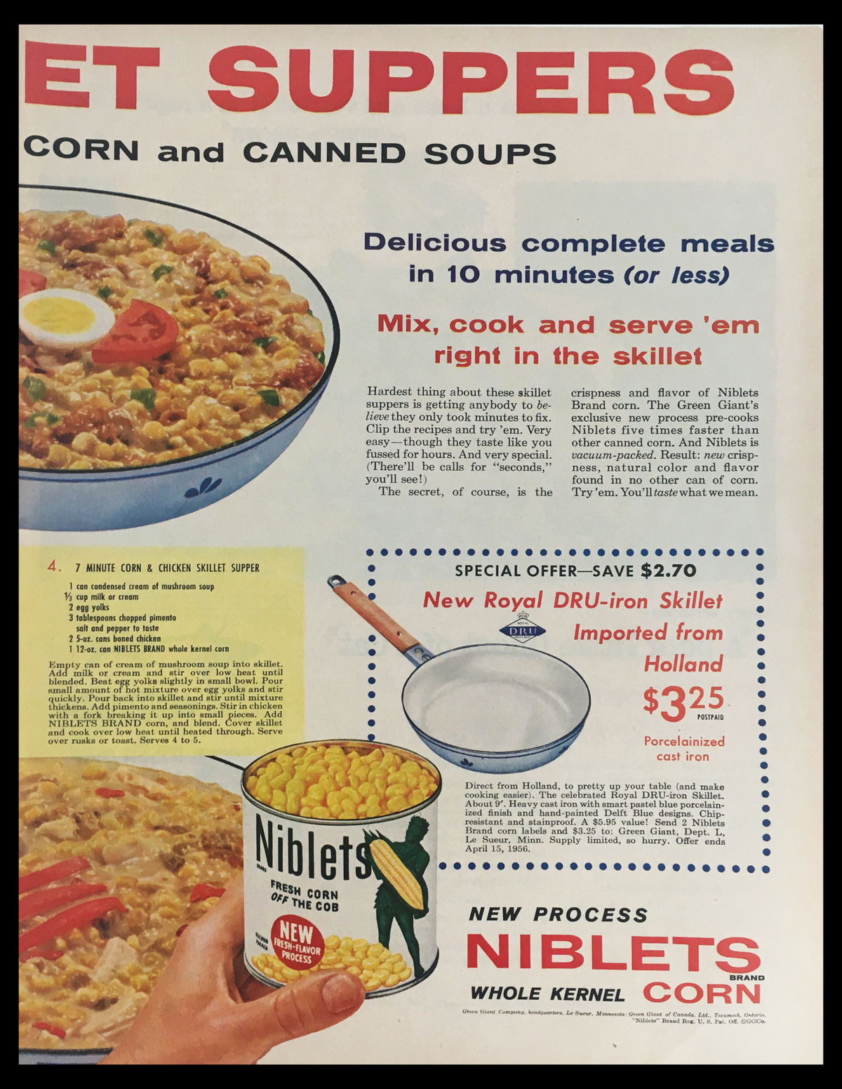 1956 Niblet's Brand Whole Kernel Corn Vintage Print Ad showcasing a colorful advertisement with a skillet and hearty corn dish, highlighting easy meal preparation and promotional pricing.
