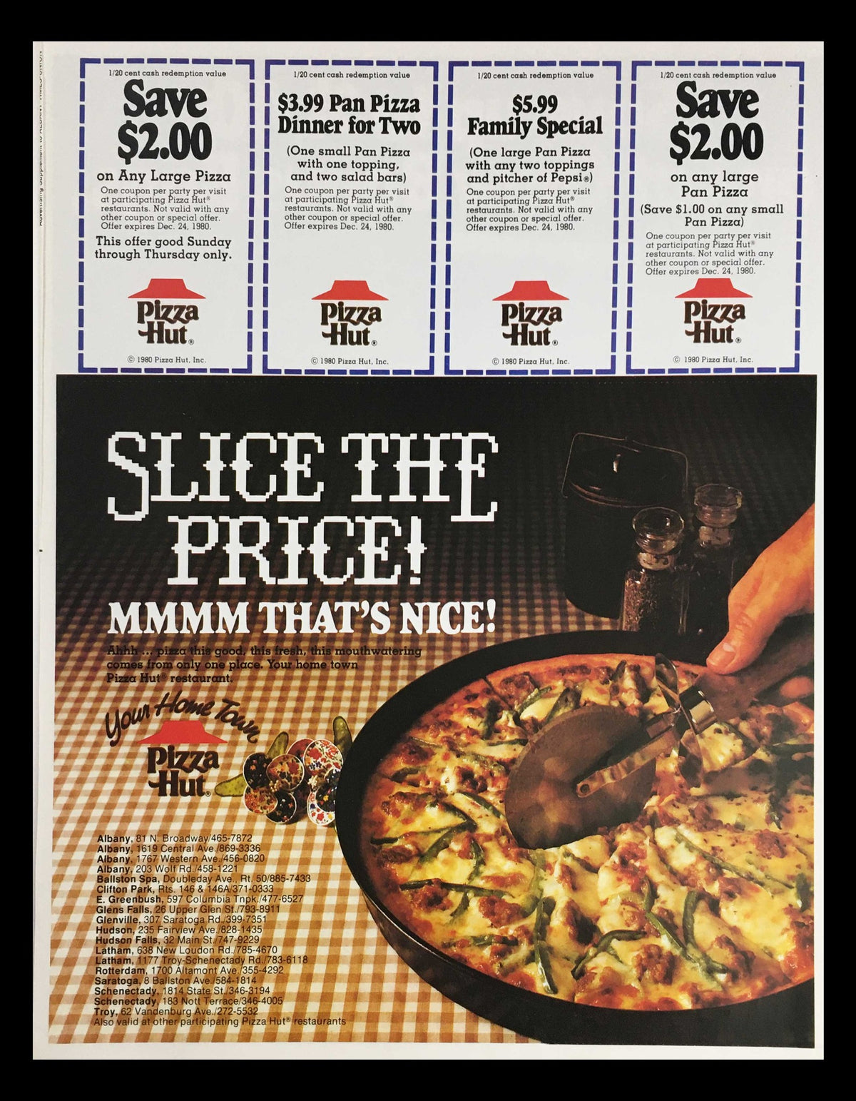 1980 Purina Cat Chow Original Blend Circular Coupon Advertisement featuring an offer to save on pizza at Pizza Hut with discounts and specials highlighted.
