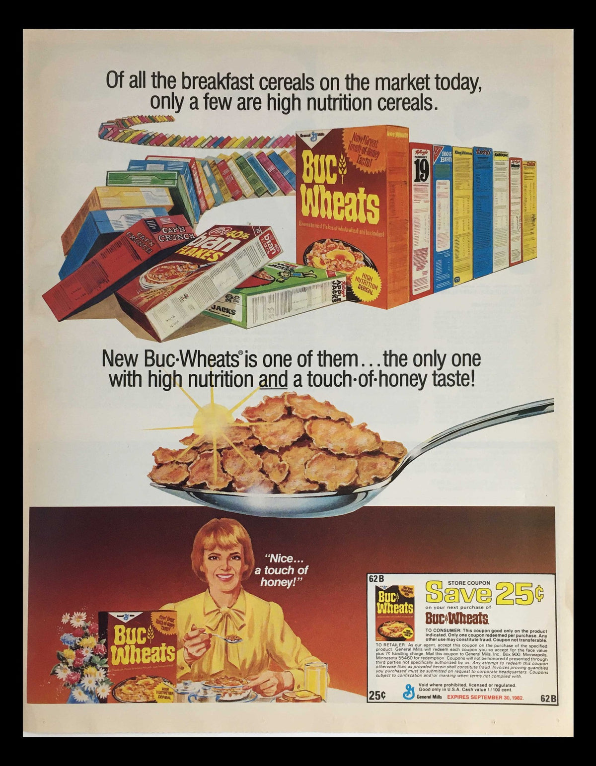 1982 General Mills Buc Wheats Cereal Circular Coupon Advertisement featuring a colorful display of cereal boxes and a bowl of Buc-Wheats with the tagline about high nutrition and honey taste.