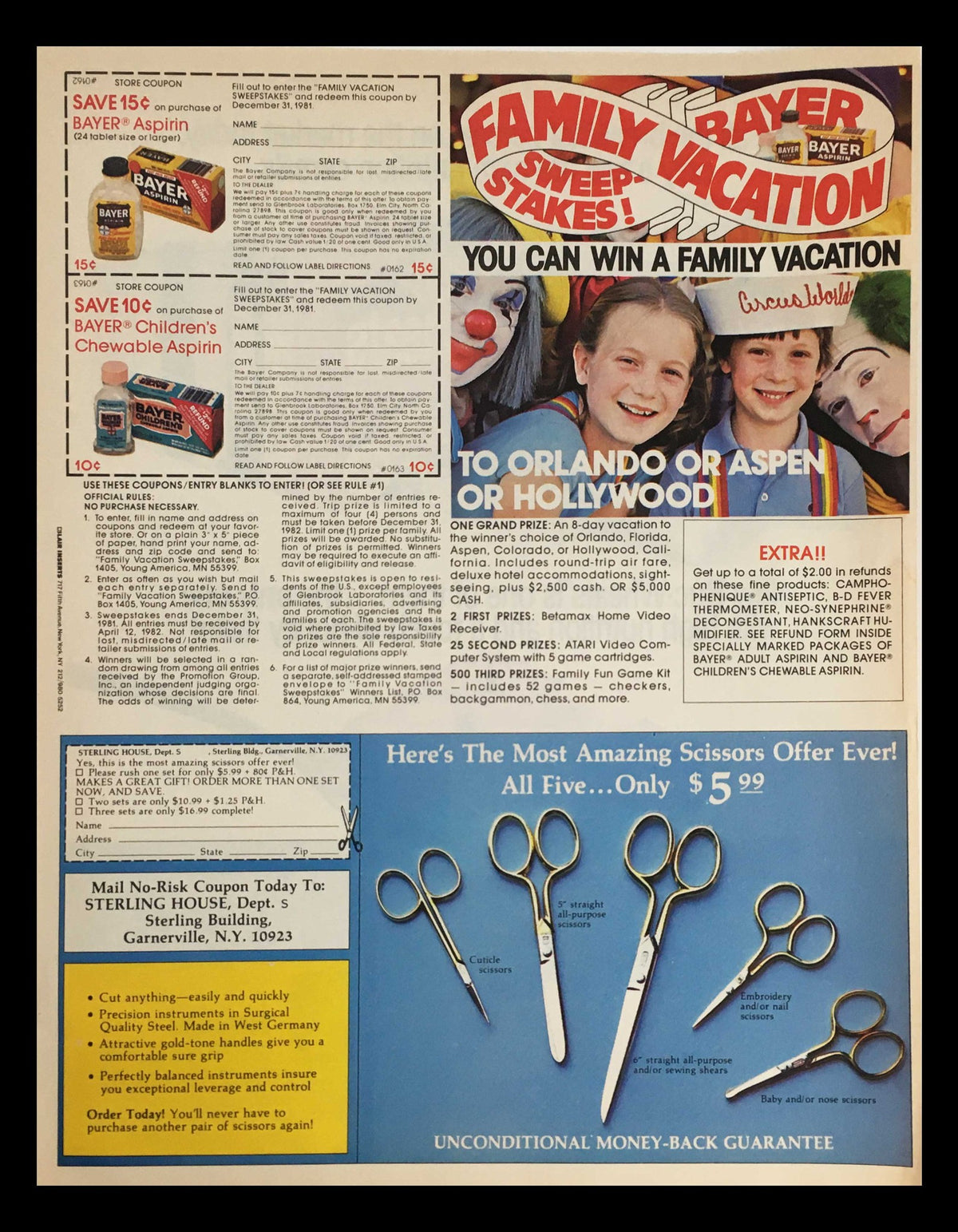 1982 advertisement showcasing Bayer Aspirin coupons and sweepstakes with family vacation prizes, highlighting varied offers in a visually appealing layout.