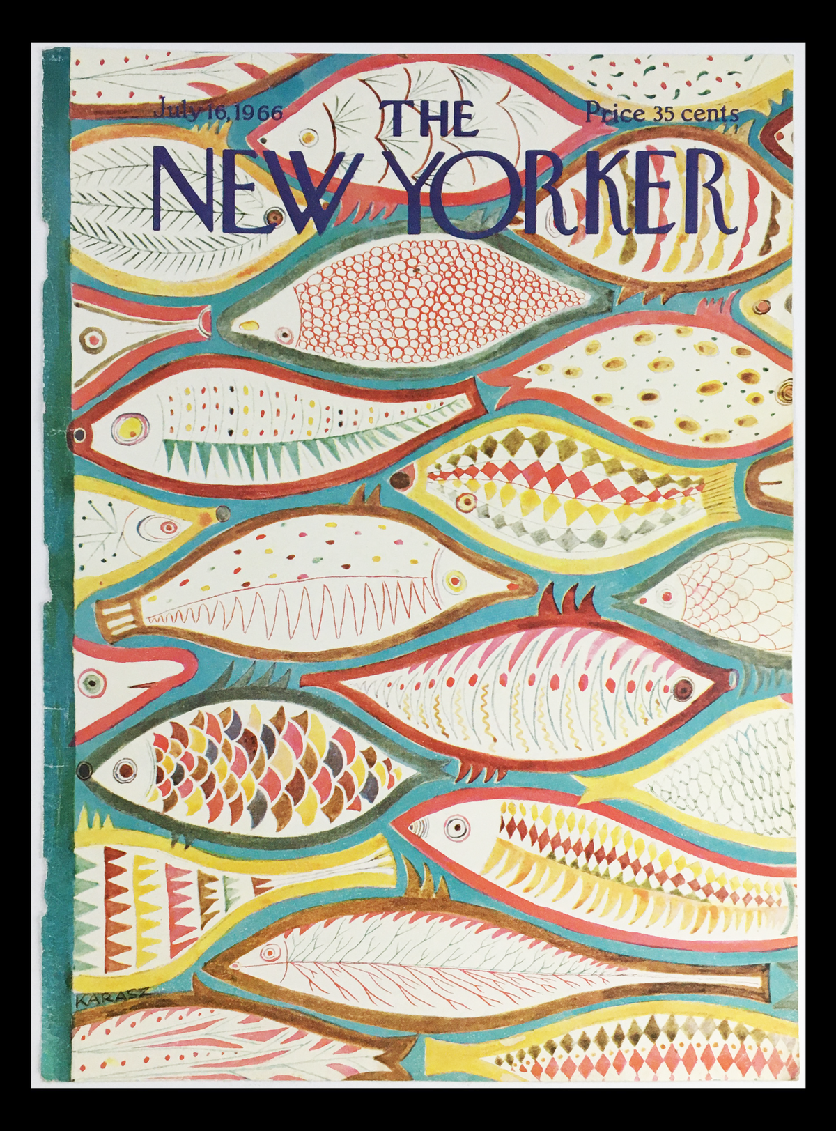 Cover of The New Yorker, July 16, 1966, featuring a colorful illustration of various fish by Ilonka Karasz, showcasing a vibrant theme with intricate patterns and bright colors.