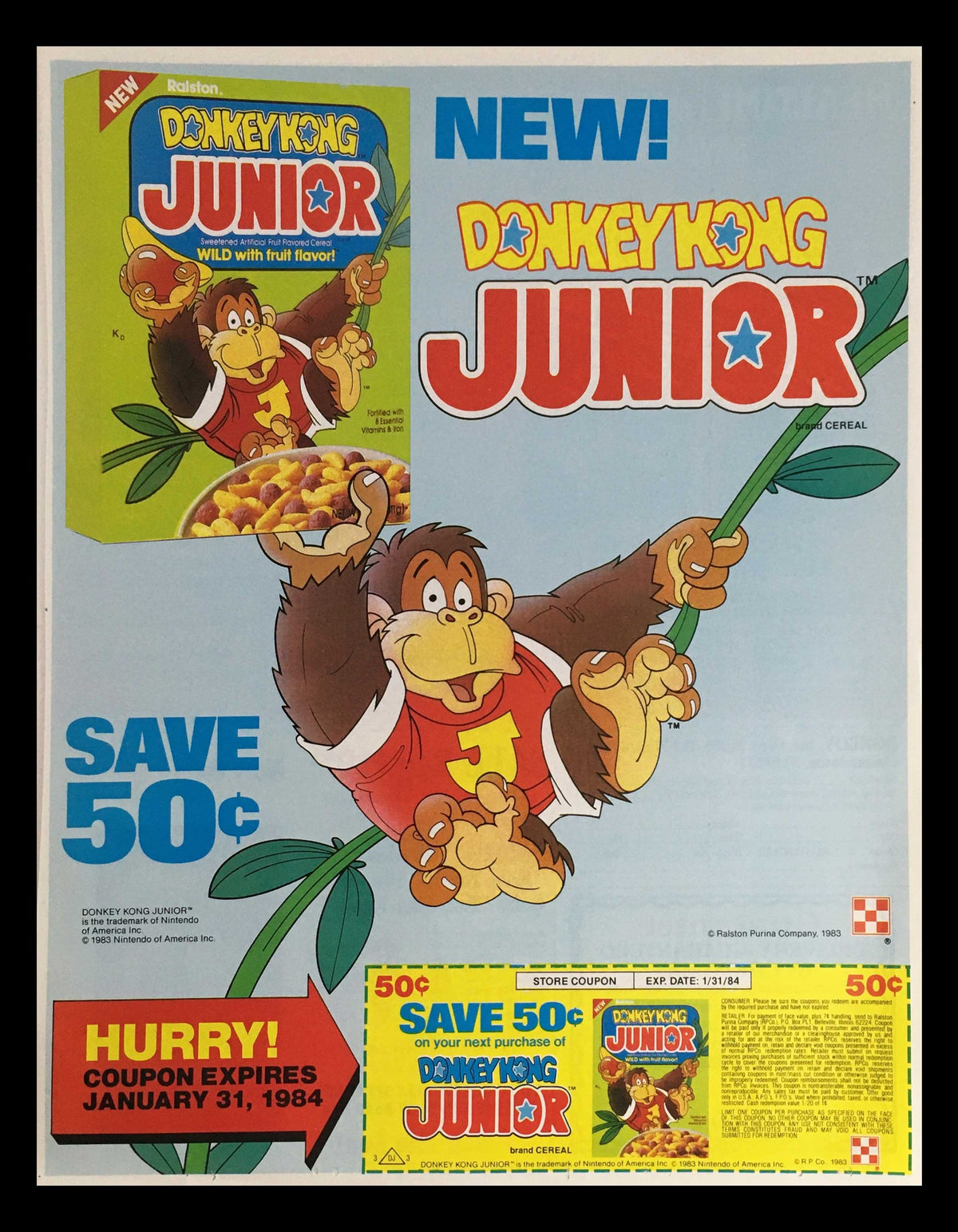 1983 Ralston Donkey Kong Junior Flavored Cereal Circular Coupon Advertisement featuring the character Donkey Kong Junior, showing the cereal box and highlighting a 50 cent savings coupon, embodying 1980s pop culture and vintage marketing.