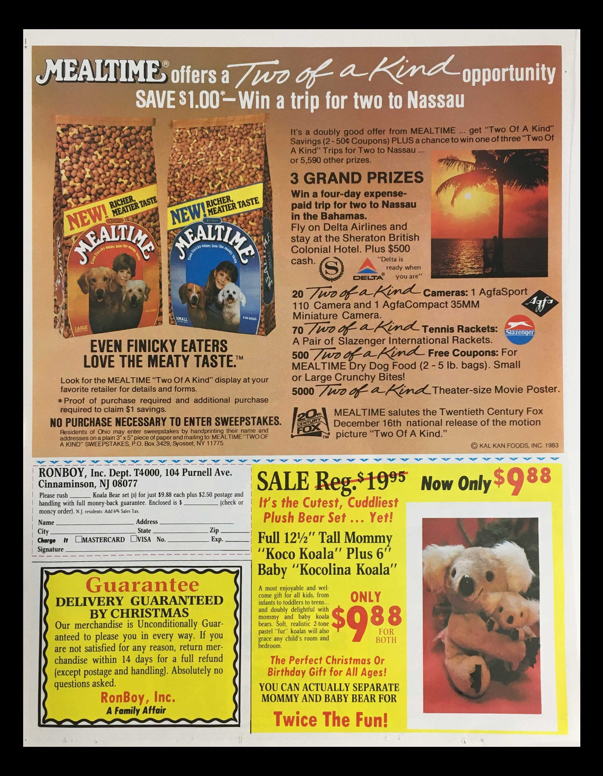 Back of the 1983 Ralston Donkey Kong Junior Flavored Cereal Circular Coupon Advertisement, showcasing a Mealtime pet food offer with details of a contest, emphasizing coupon savings and nostalgic marketing from the early 1980s.