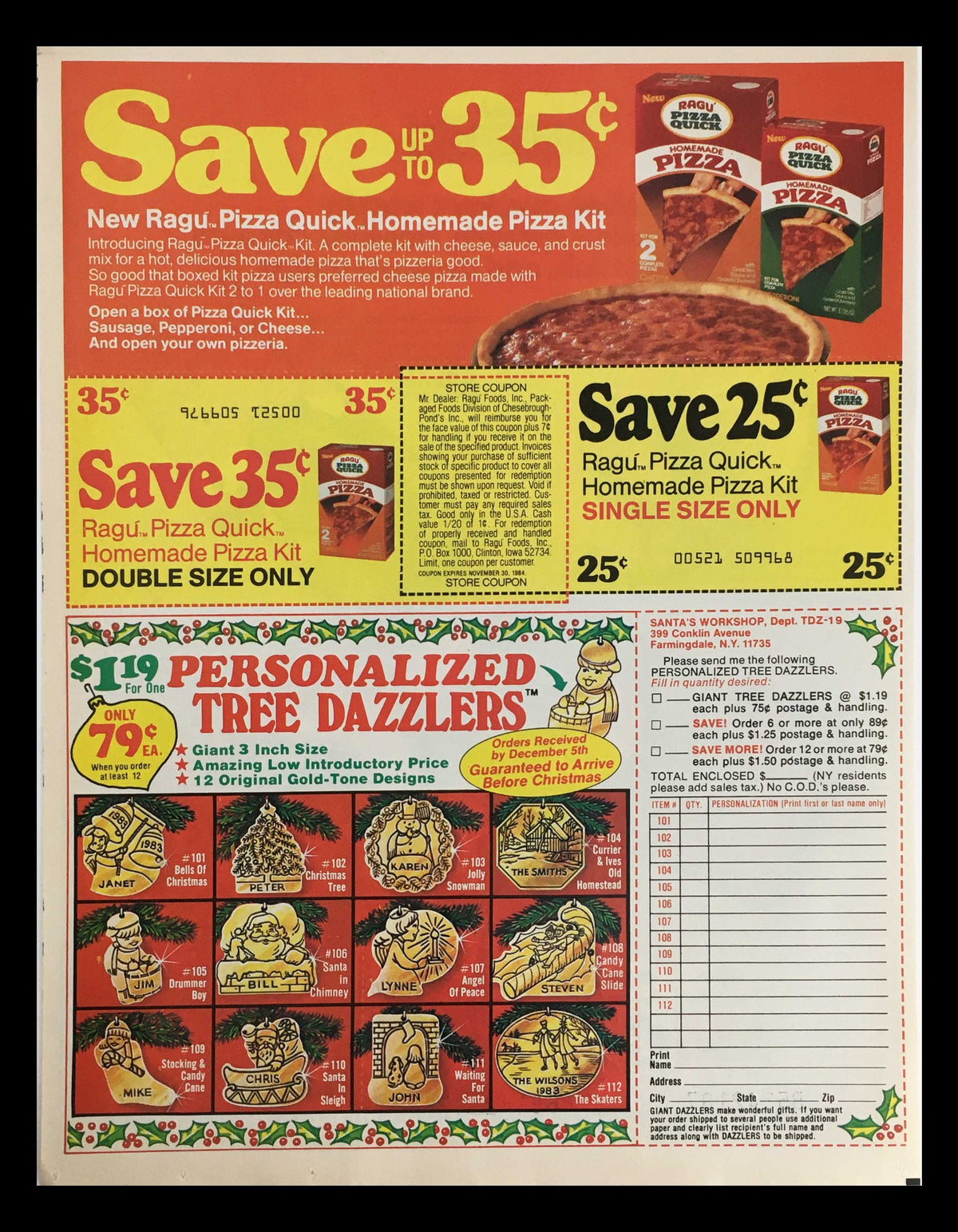 1984 Pepperidge Farm Distinctive Crackers Circular Coupon Advertisement featuring savings on Ragu Pizza Quick and personalized tree dazzlers, emphasizing promotional offers alongside a colorful layout.
