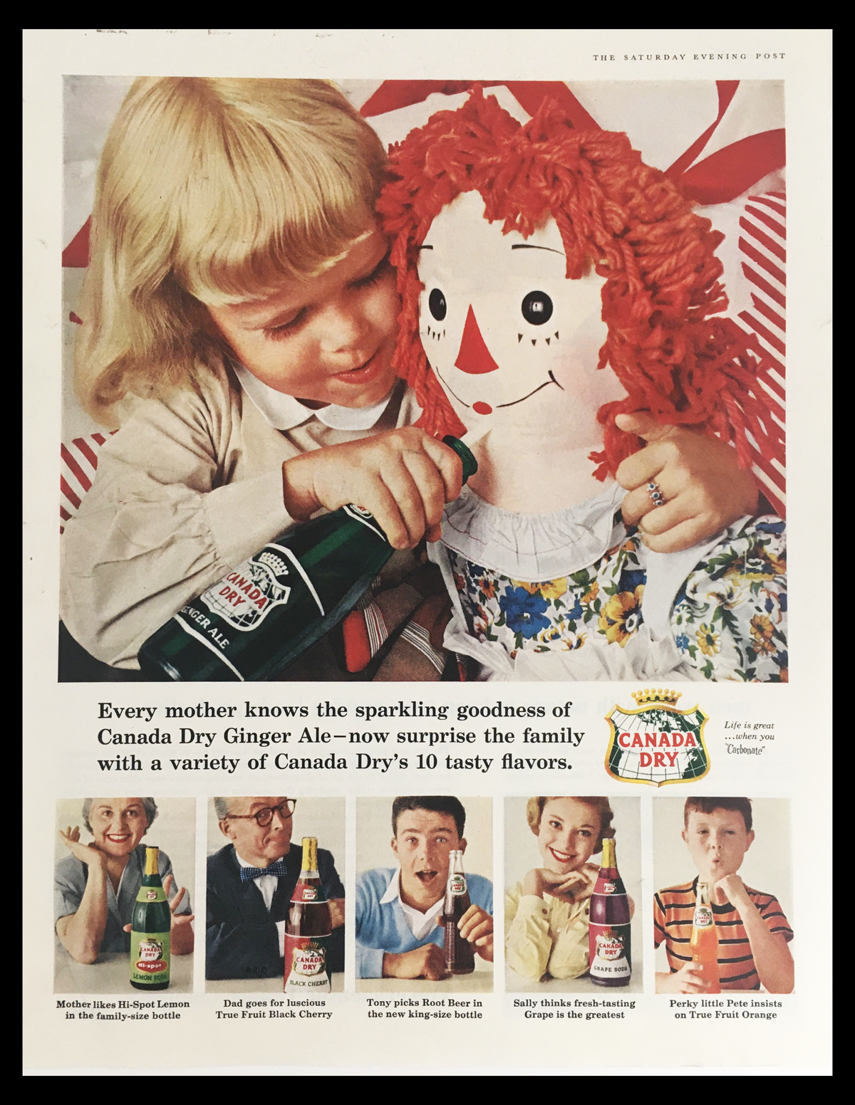 1956 Canada Dry Ginger Ale Tasty Flavors Vintage Print Ad featuring a child with a rag doll and various images showcasing the enjoyment of Canada Dry's ten flavors, capturing the nostalgic essence of retro beverage advertising.