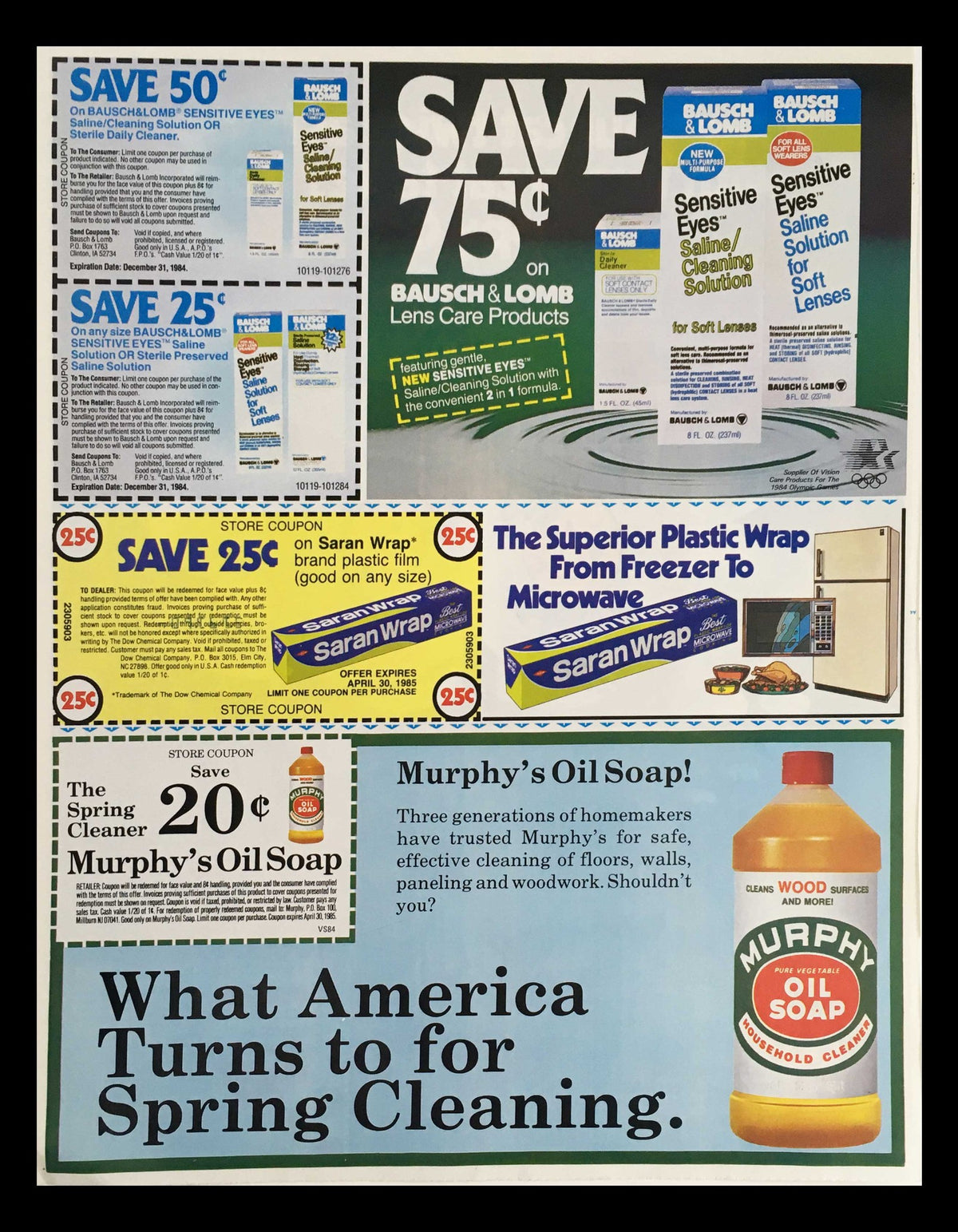 1984 Purina Happy Cat Seafood & Meaty Cat Food Circular Coupon Advertisement showcasing savings on Bausch & Lomb lens care products and Murphy's Oil Soap, emphasizing spring cleaning offers.