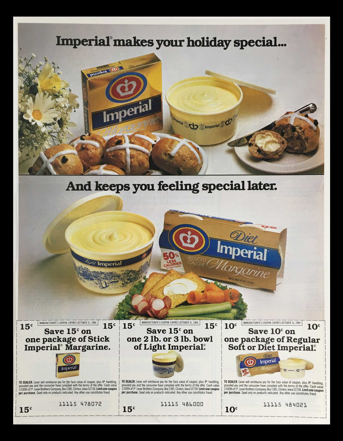 1984 Imperial Diet Reduced Calorie Margarine Circular Coupon Advertisement featuring Imperial margarine products, holiday-themed visuals, and coupon details for savings on various margarine options.