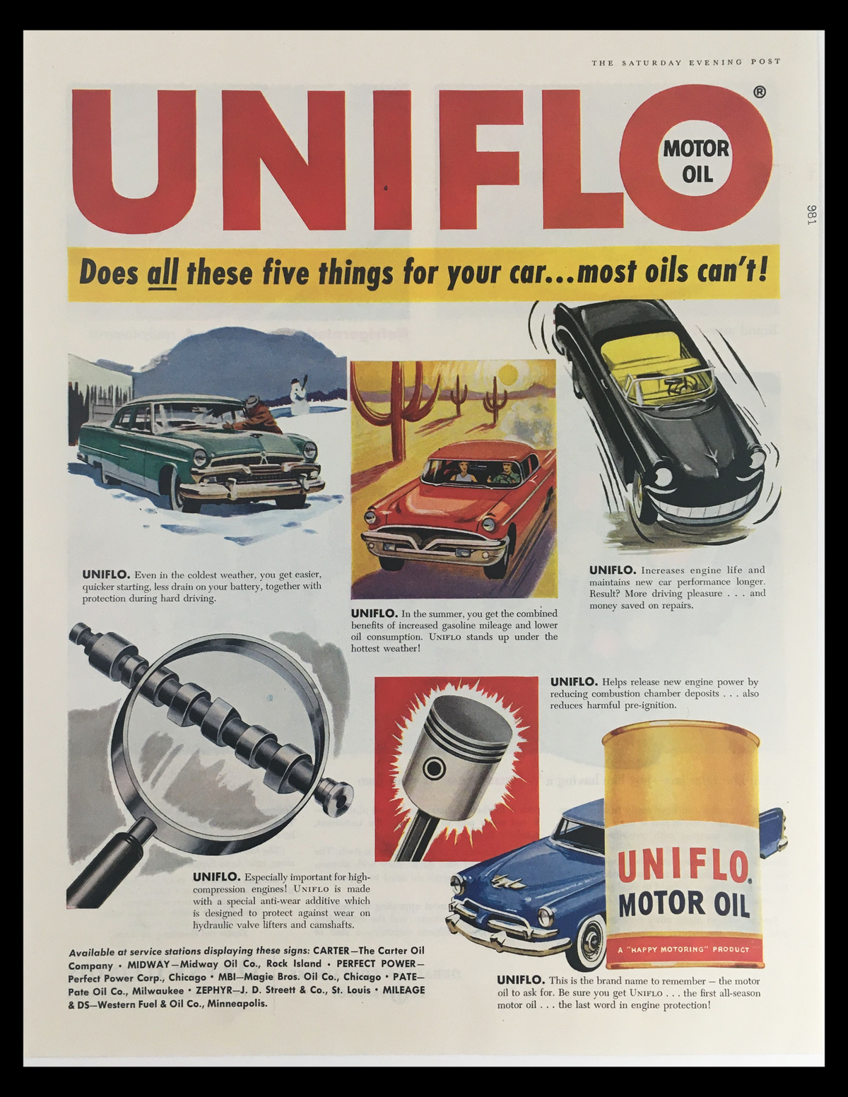 1956 Uniflo Motor Oil Vintage Print Ad featuring classic cars and the tagline promoting its benefits for vehicle maintenance. The ad showcases vibrant colors and retro design elements from the mid-20th century, highlighting Uniflo's unique selling points.
