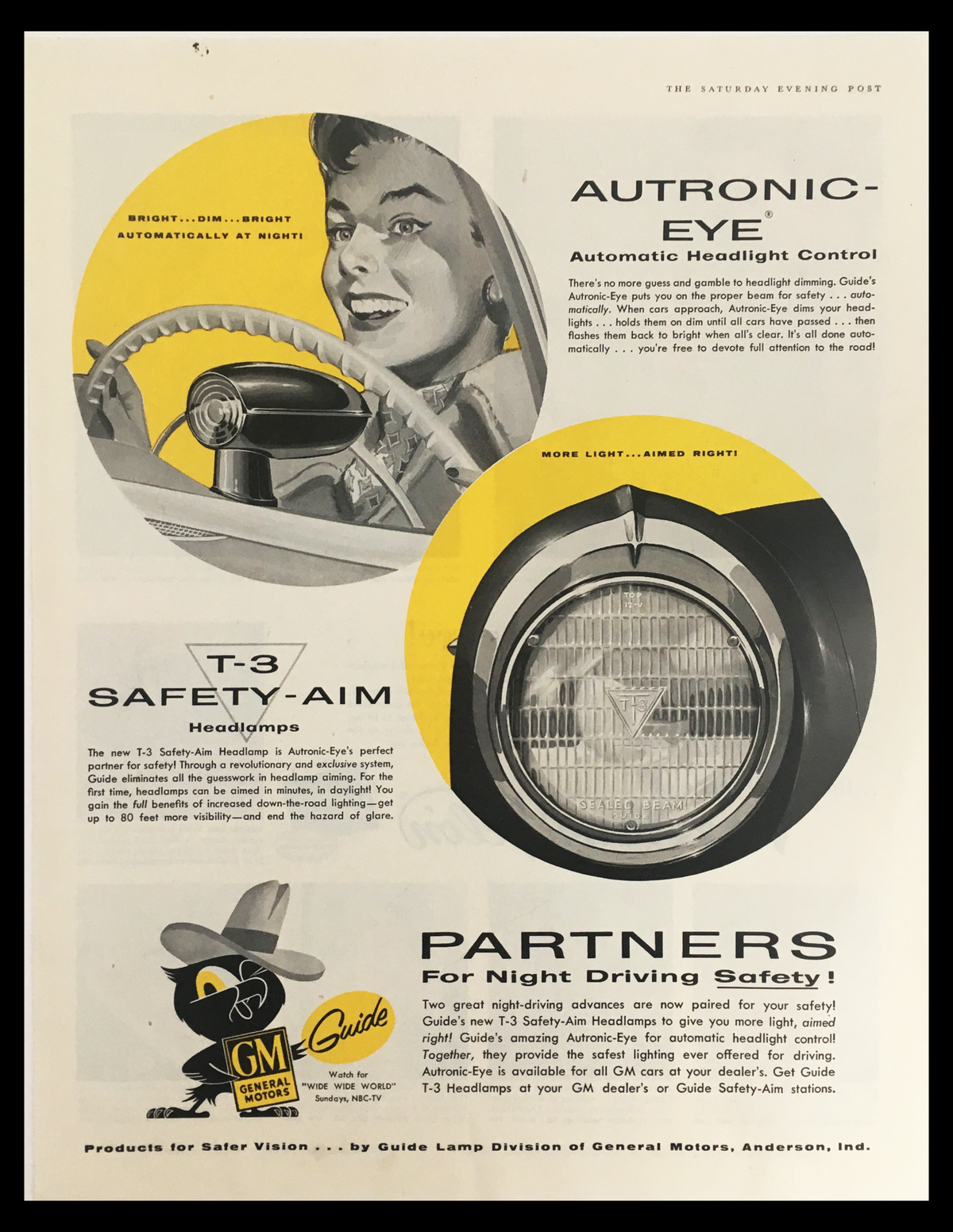 1956 General Motors Autronic-Eye Headlight Vintage Print Ad showcasing innovative automatic headlight control technology with a stylish female figure at the steering wheel and a T-3 Safety-Aim headlamp illustration, promoting enhanced night driving safety.